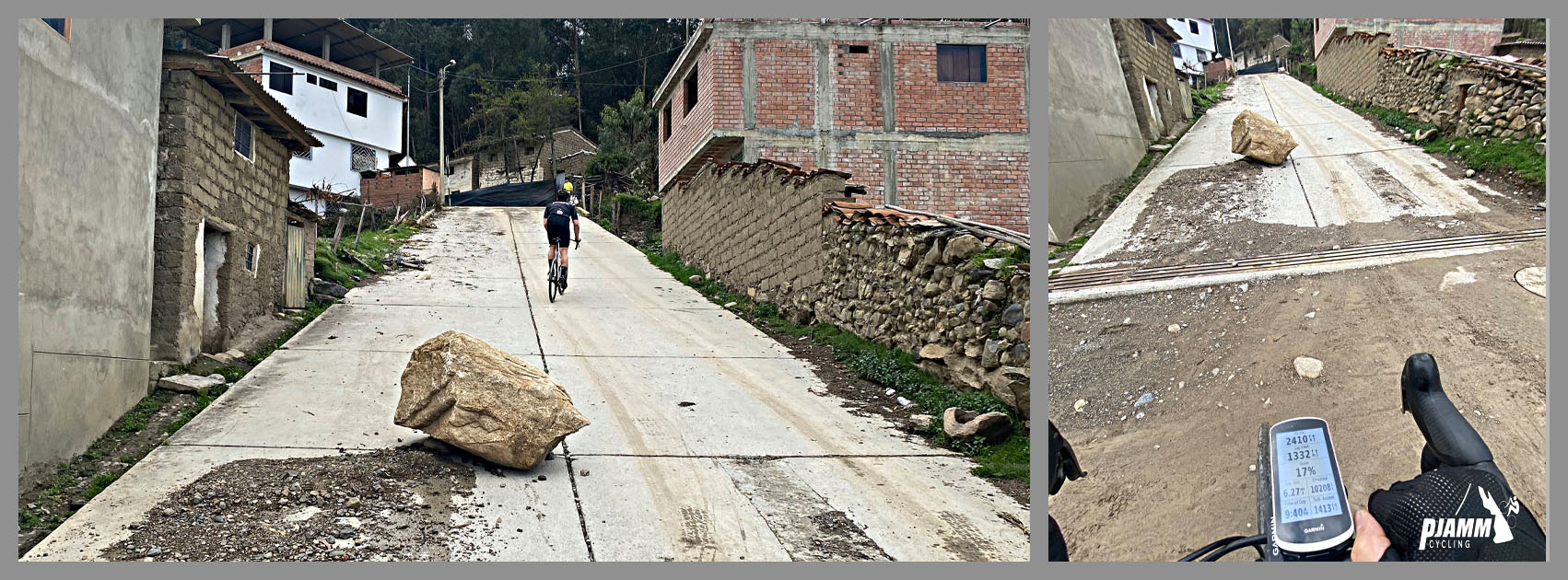 PJAMM Cyclist rides on roadway past large boulder in middle of road
