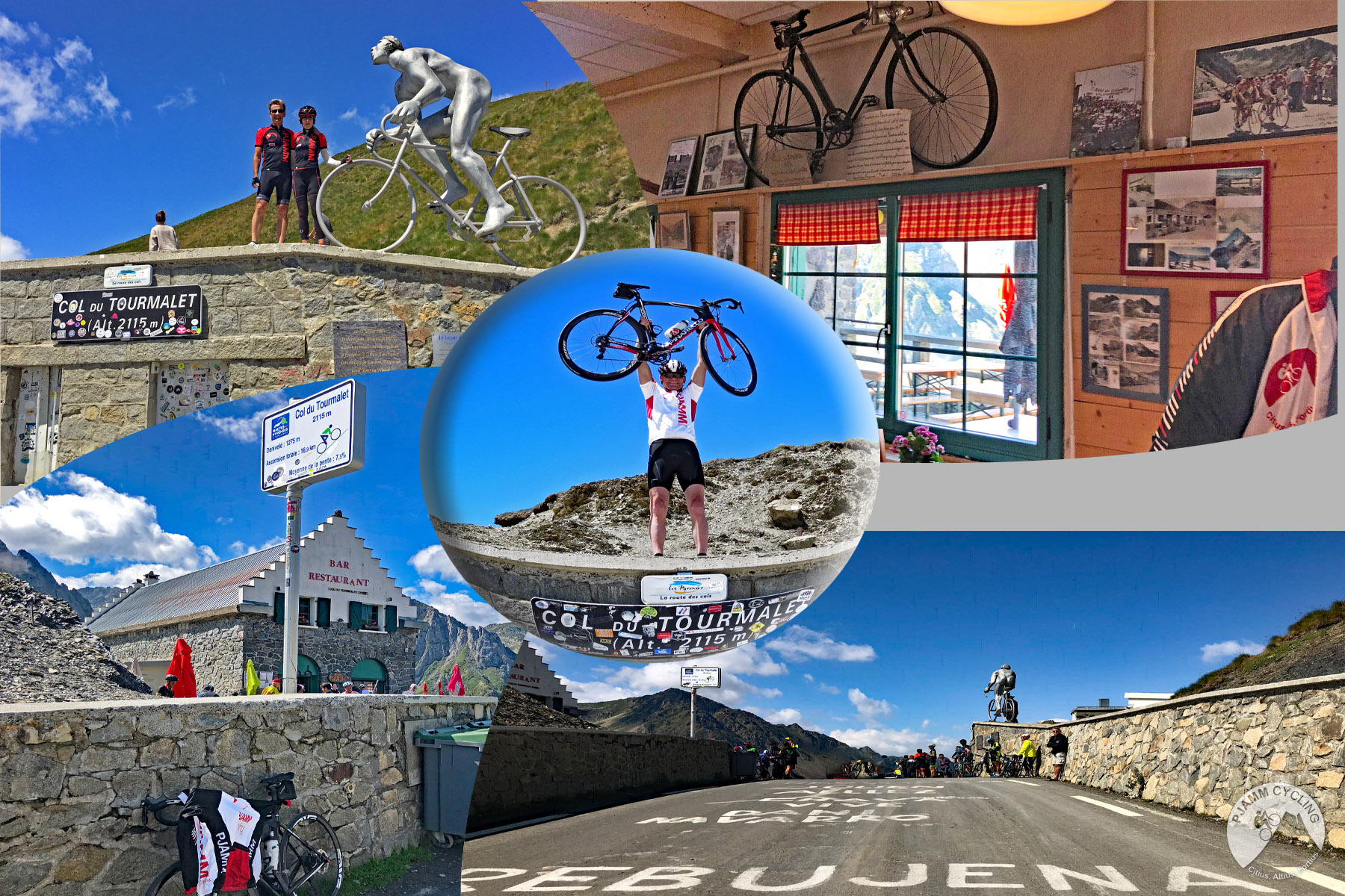 photo collage at finish of Col du Tourmalet, PJAMM Cyclists pose with bikes at summit sign and in front of le geant statue