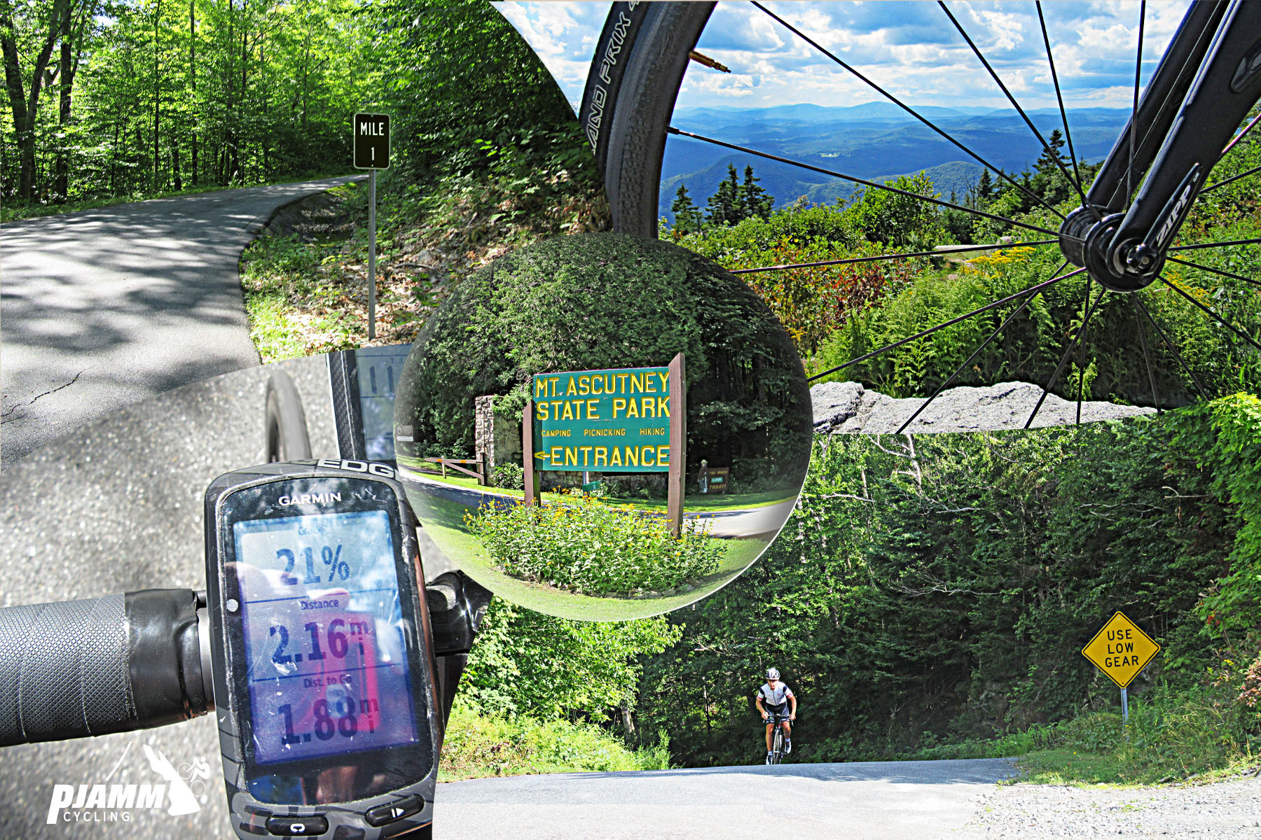 Garmin device showing 21% grade, sign for Mt. Ascutney state park entrance, densely forested one-lane roadway