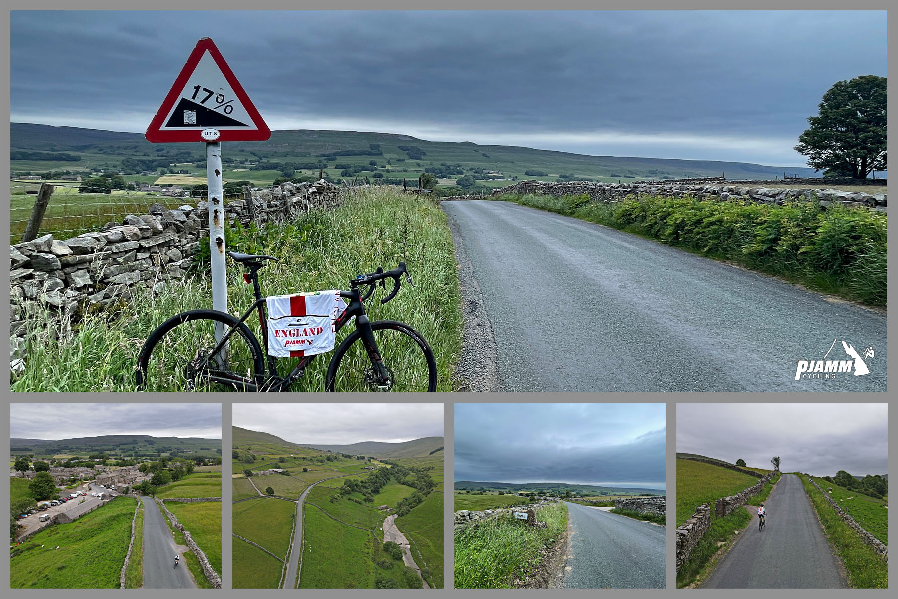 Cycling Fleet Moss, England photo collage shows bike parked next to sign for 17% grade; aerial drone view of straight segment of country roadway surrounded by pastureland and fenced in on both sides by low stone fence