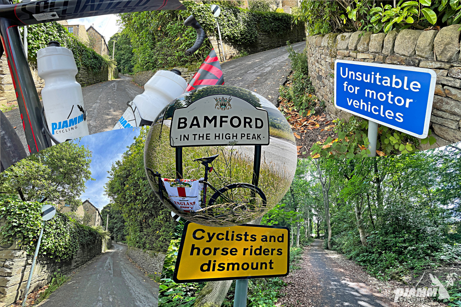 Cycling Bamford Clough photo collage includes roadsigns for Bamford in the High Peak, Cyclists and horse riders dismount, narrow paved road