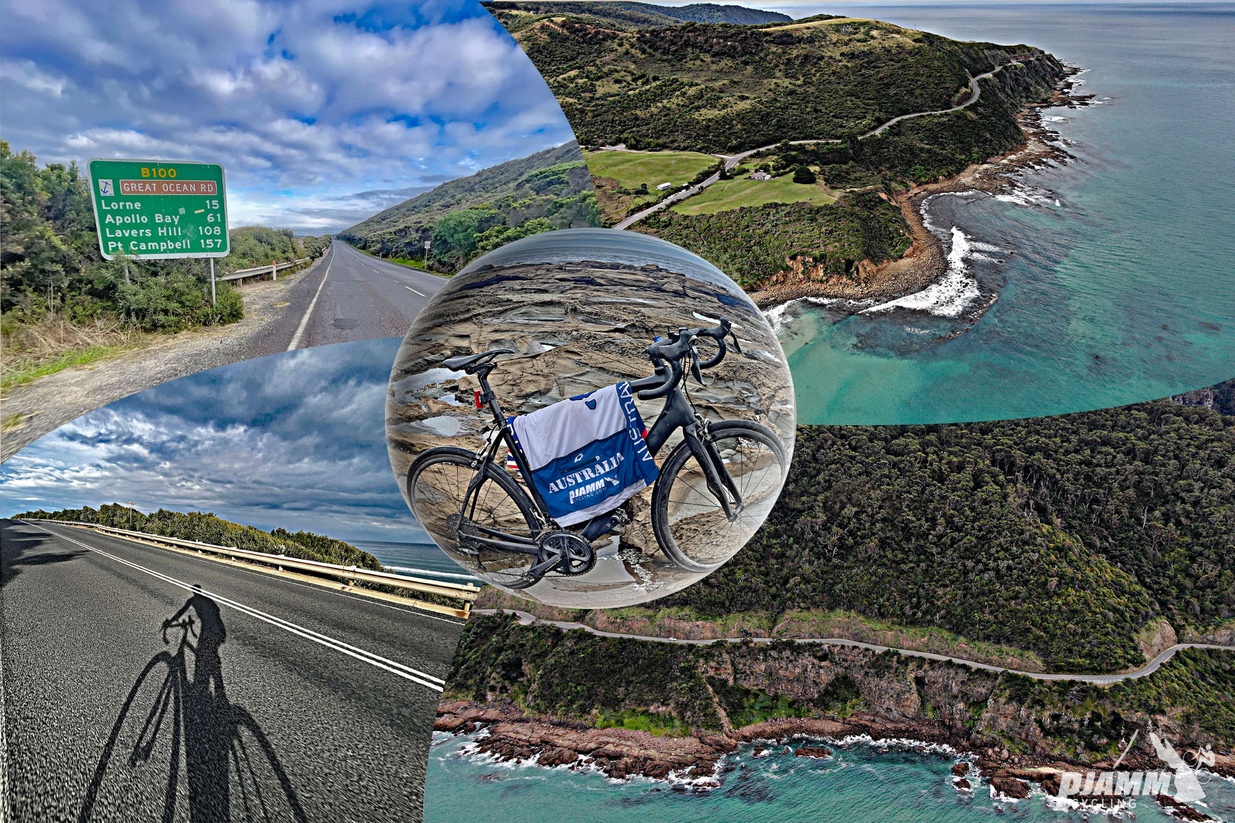 photo collage includes aerial drone views of coastline, PJAMM Cycling Australia jersey draped over bike