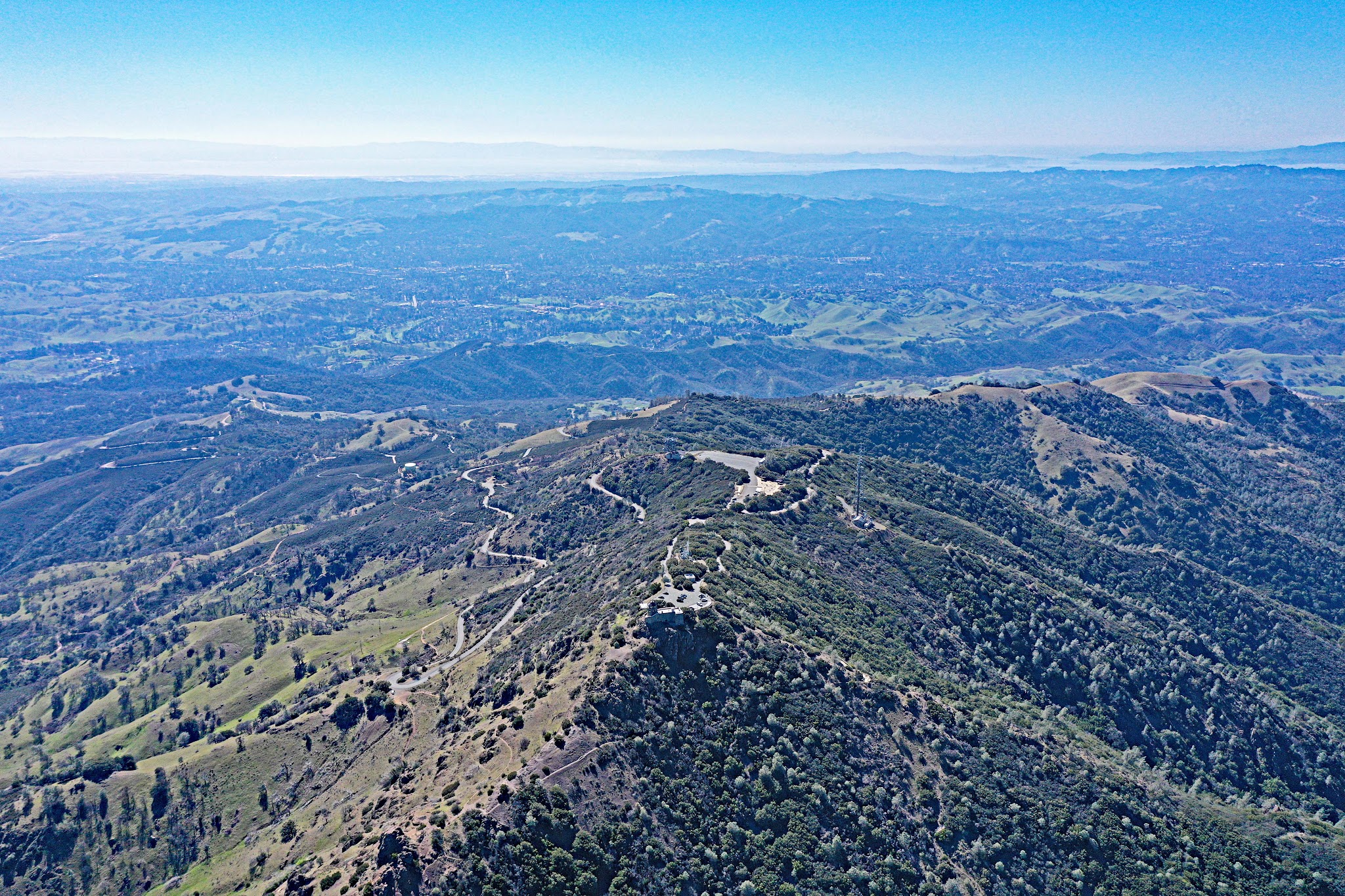 Bicycle ride and climb Mt. Diablo - Summit Road, Visitor Center, Beacon - aerial drone photo