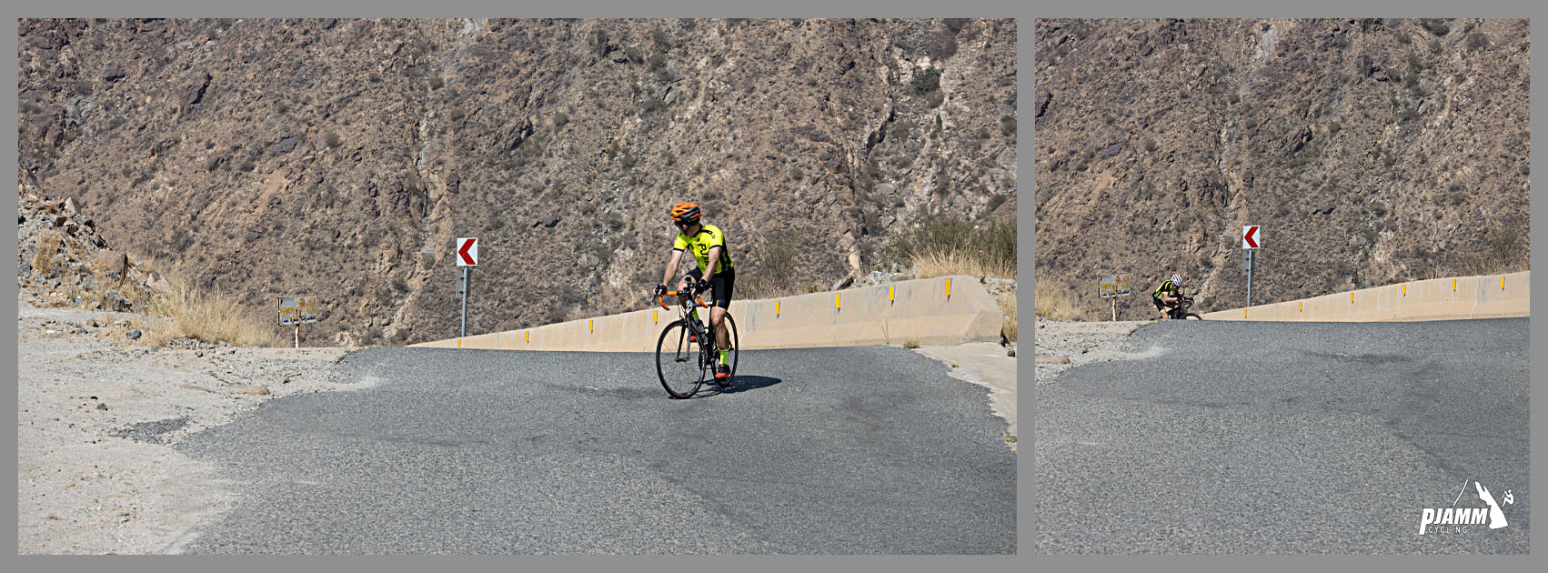 Cycling Baniamr Aquabah Pass, Saudi Arabia - PJAMM Cyclist rides up extremely steep portion of road passed hairpin turn