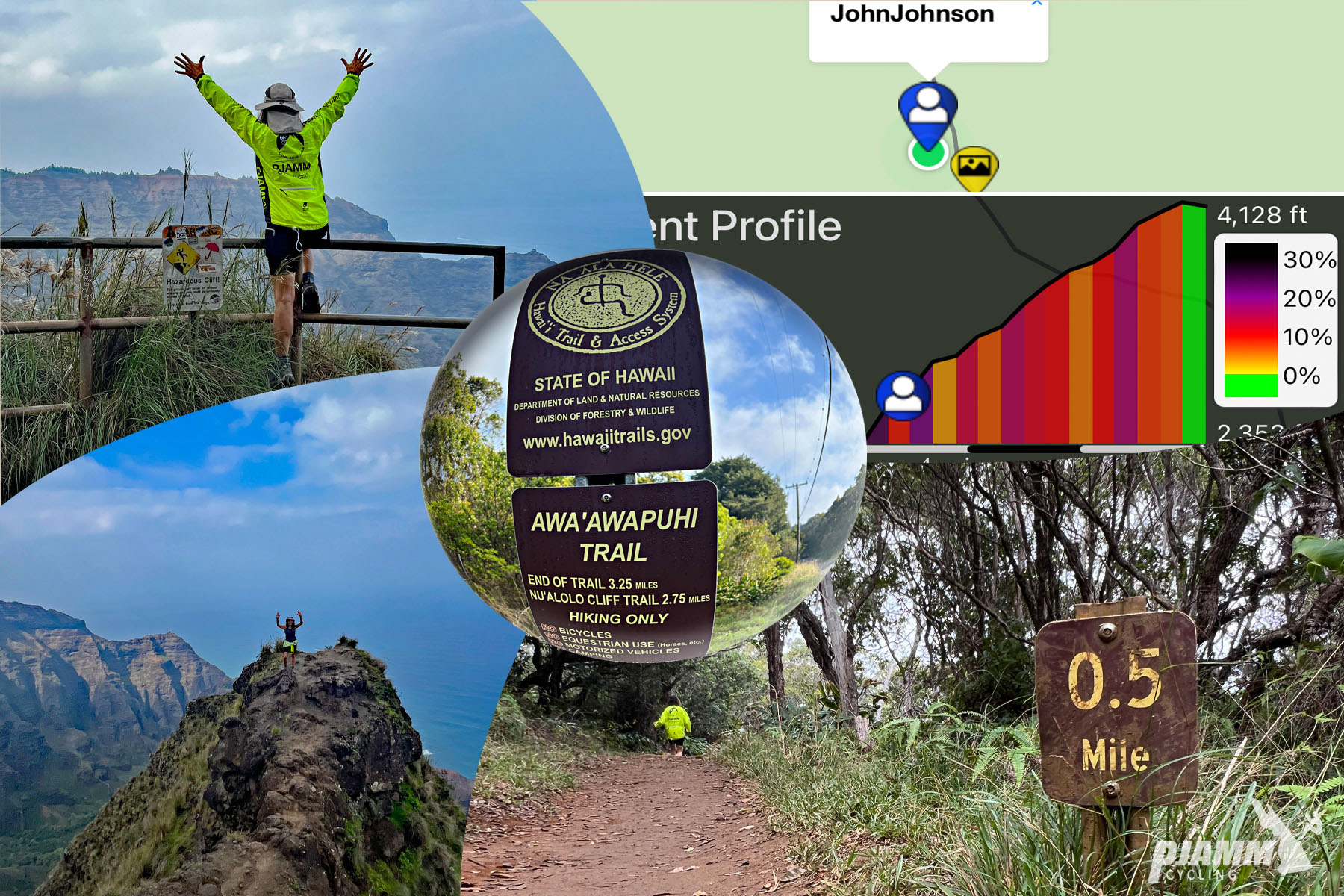 photo collage of Awai-Awapuhi Trail bike climb, including mile markers and gradient profile