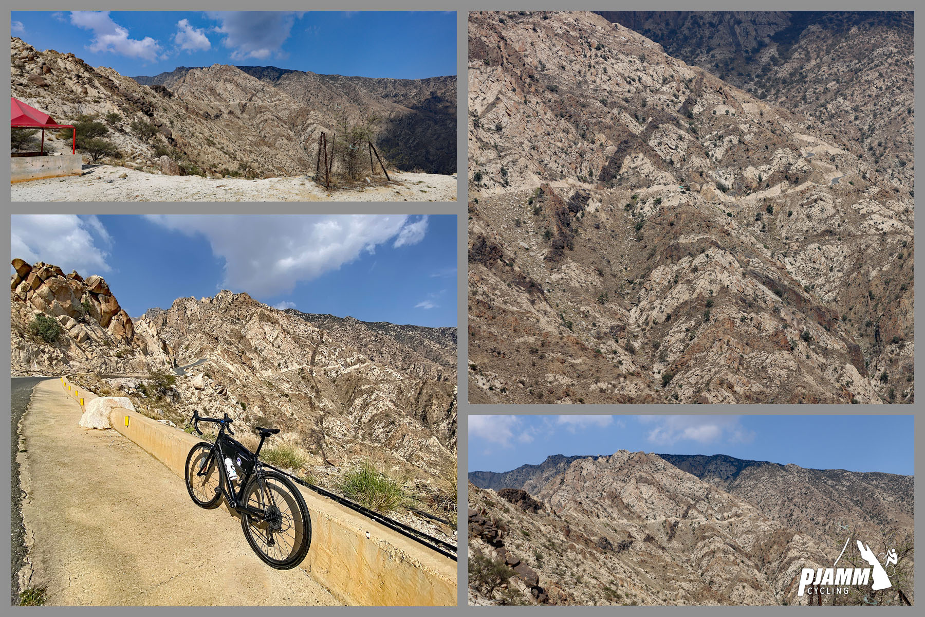 Cycling Almdan Pass, Saudi Arabia - sediment layer visible in hillside beyond road in the shape of a large "X"