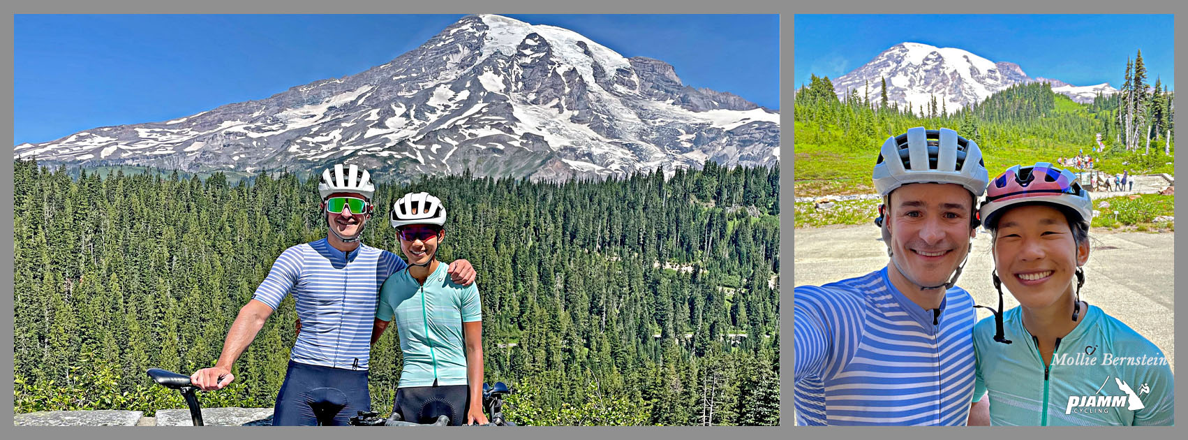 PJAMM Cyclists pose for photos with Mt. Rainier peak behind them, from Inspiration Point