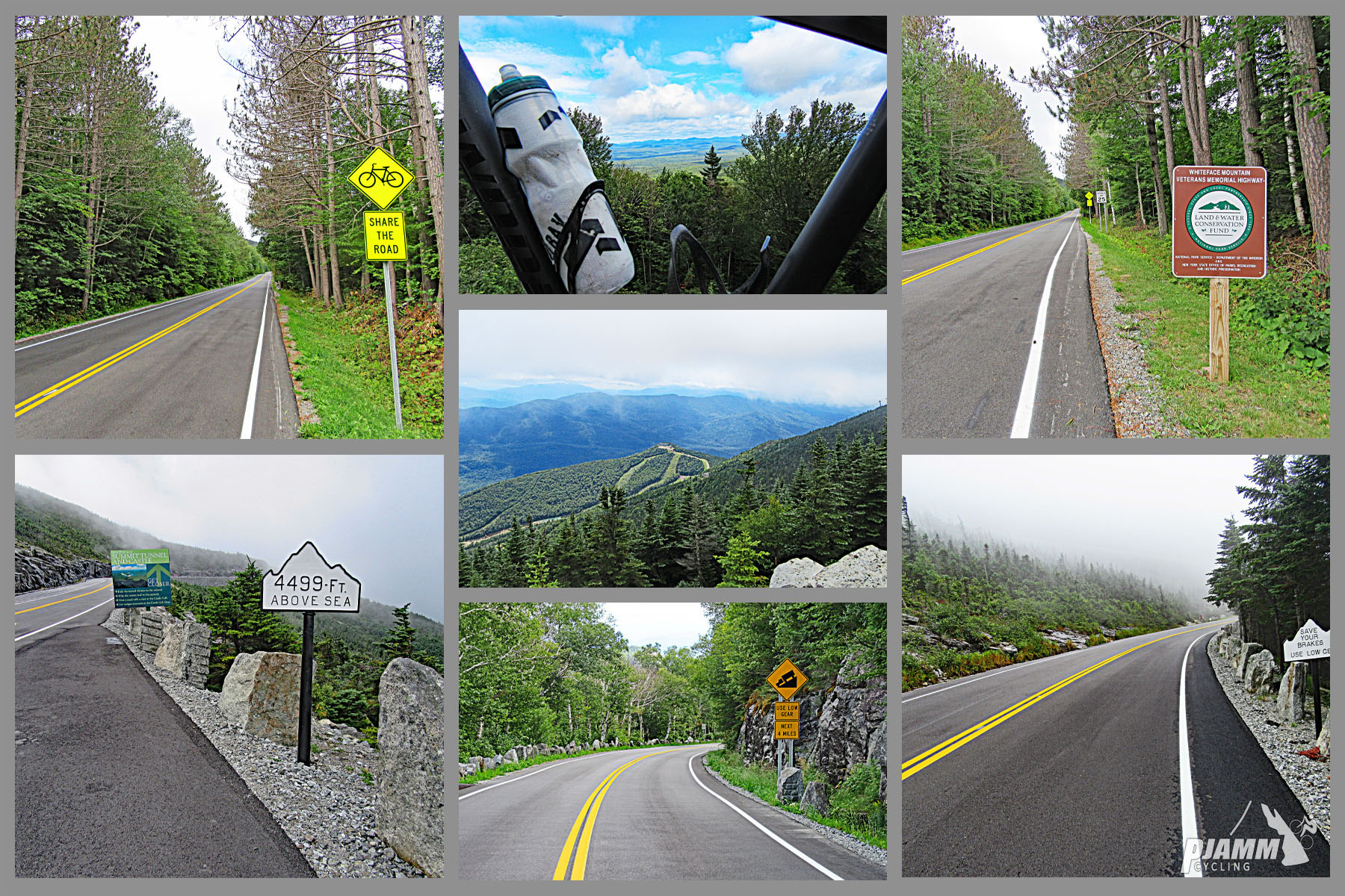 Cycling New York State - photo collage, PJAMM Cycling logo in corner, mile markers showing elevation along roadside