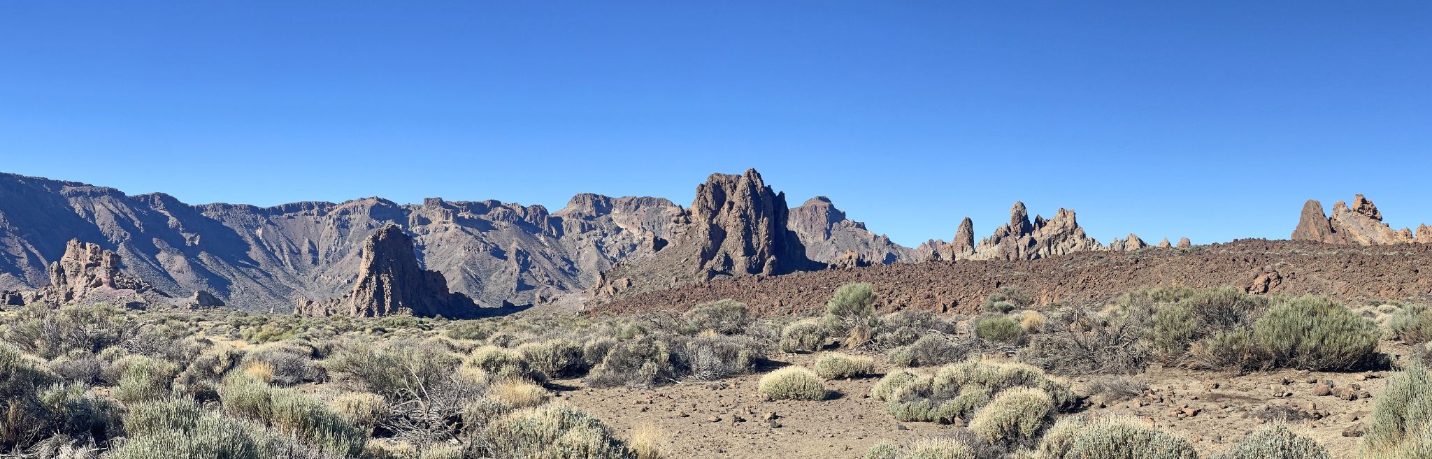 panoramic view of craggy, rocky mountains in distance, scrub brush in foreground