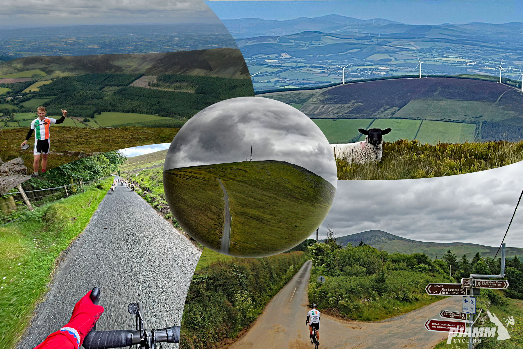 photo collage highlights scenery on the hardest bike climb in Ireland; views of farmland, windmills, and sheep