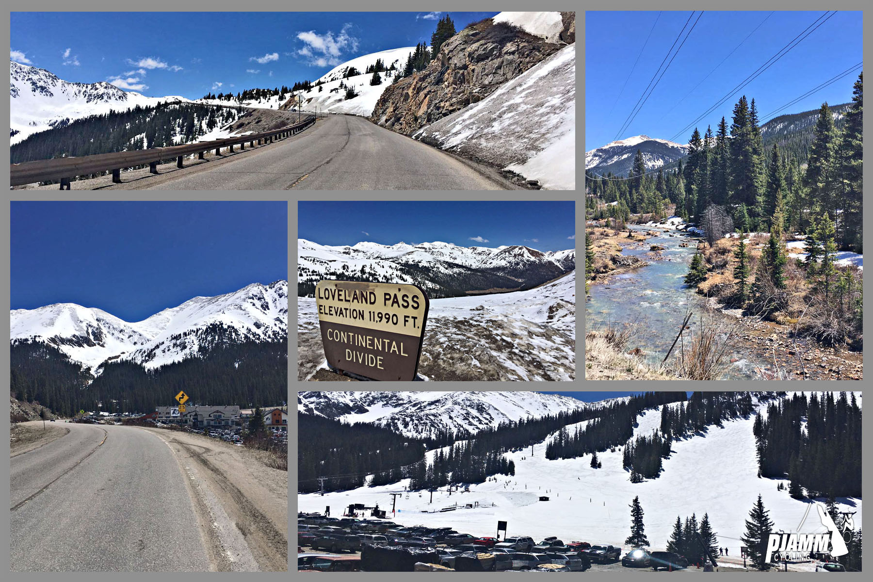 Cycling Loveland Pass South - photo collage, PJAMM Cycling logo in corner, Loveland Pass in the winter, covered in snow