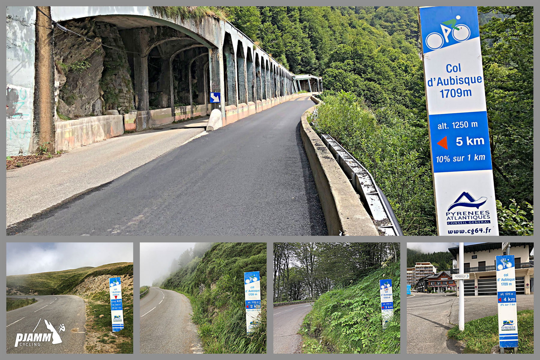 Cycling Col d’Aubisque from Laruns - photo collage of KM Markers throughout the climb