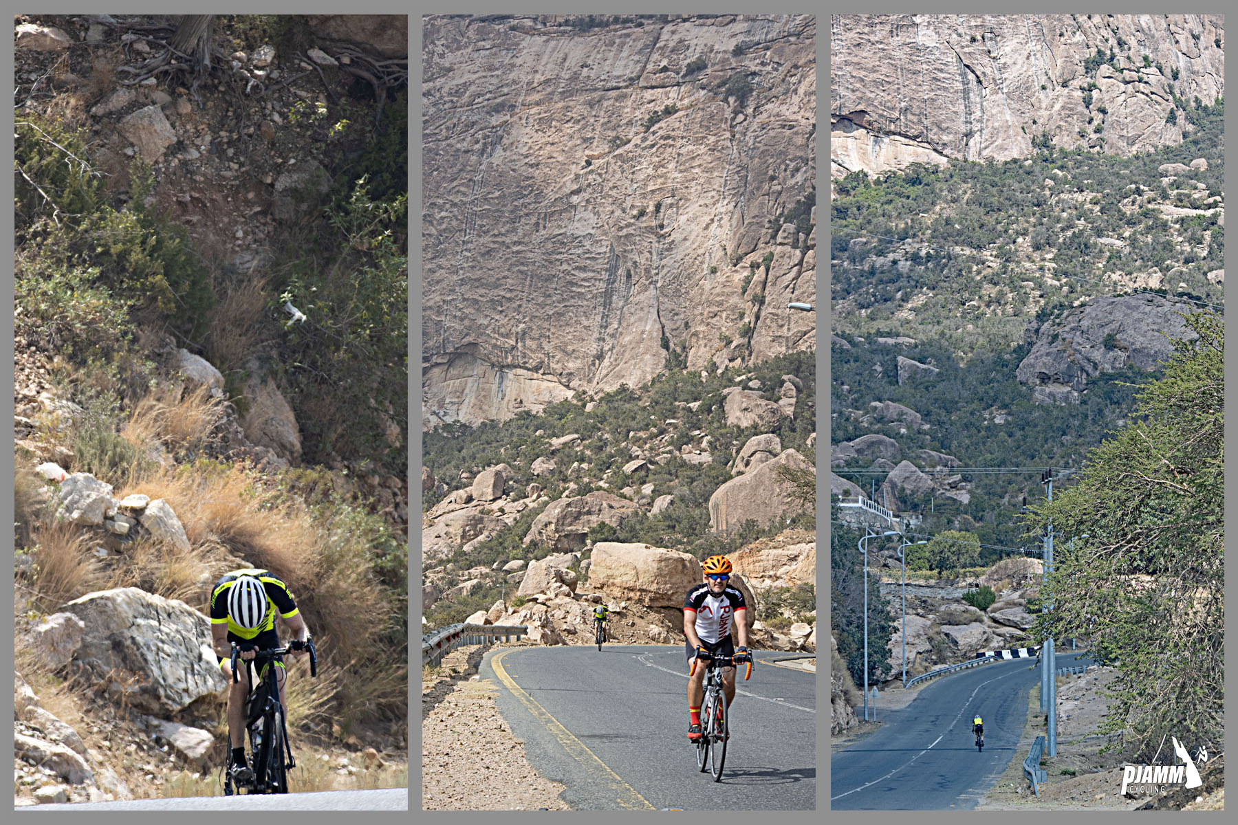 Cycling Parmah Pass, Saudi Arabia  - photo collage, PJAMM CYclists riding on two-lane roadway surrounded by high rock walls, PJAMM Cycling logo in corner