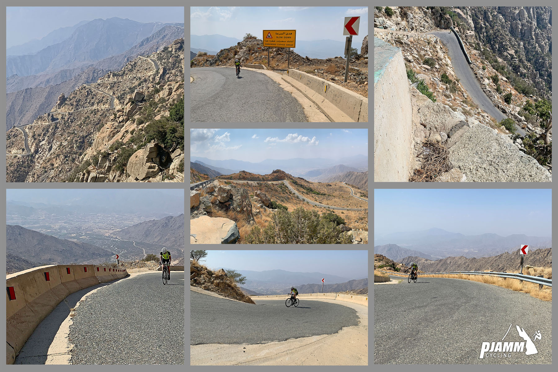 Cycling Sinan Road (Al Meger), Saudi Arabia - photo collage shows views looking down the climb route