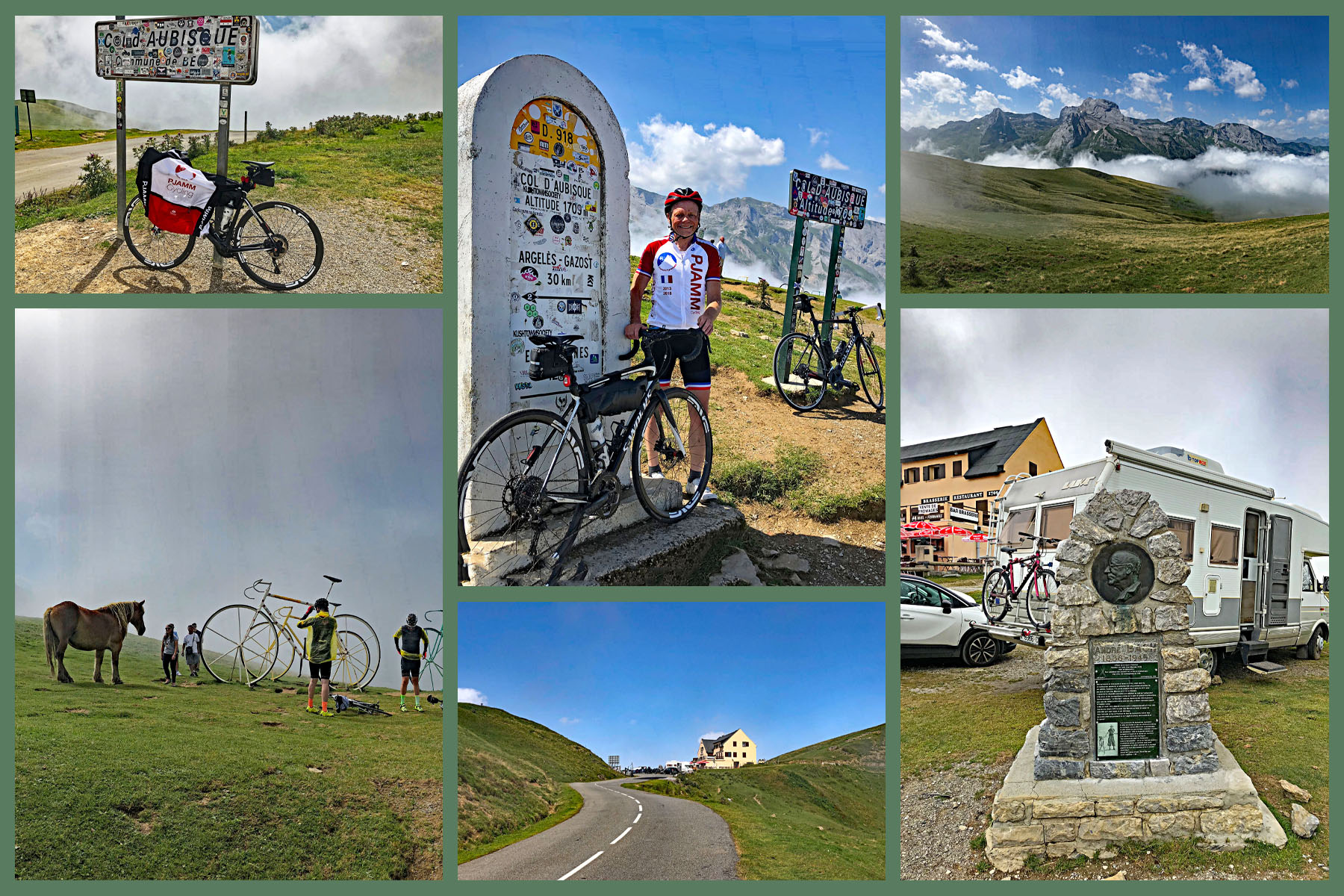Cycling Col d'Aubisque - photo collage, PJAMM Cyclists stand with bike at climb top, large statue of bike next to horse in field, french Pyrenees 