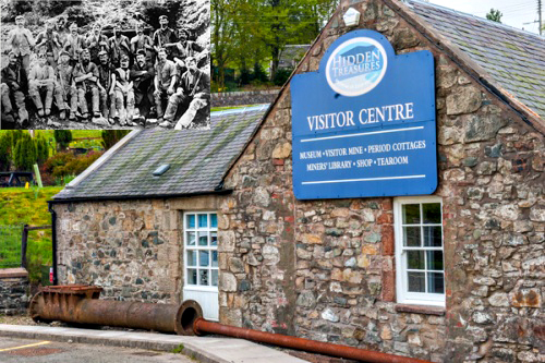 Cycling Mennock Pass, Scotland Cycling Mennock Pass, Scotland - Visitor Center sign at the Mining Museum, old stone building