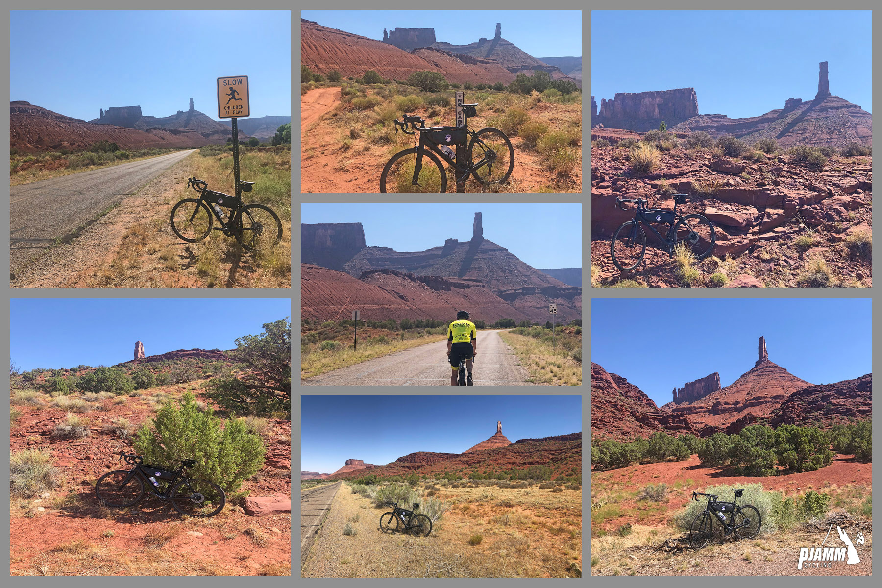 Cycling La Sal Loop Road at Castle Valley - photo collage, PJAMM Cycling logo in corner, Castleton Tower
