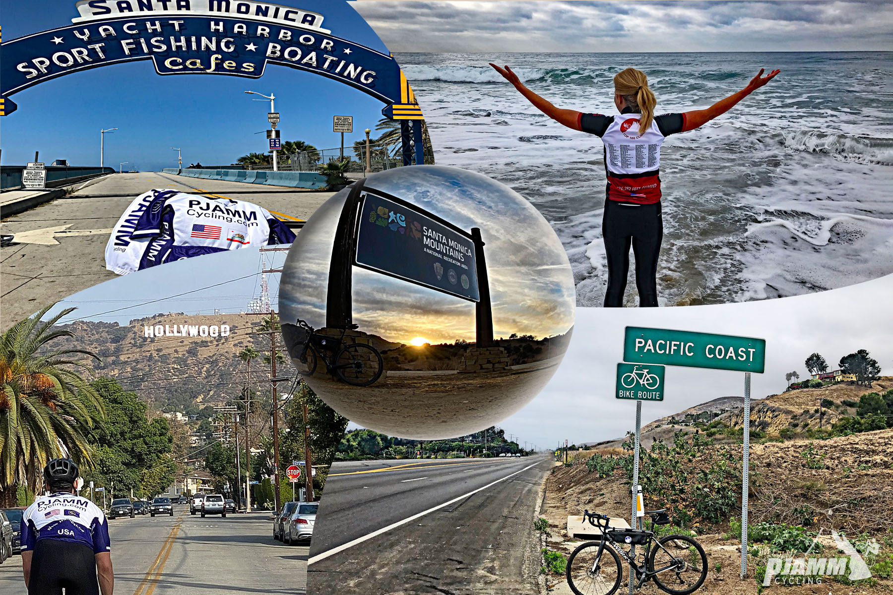 Cycling the Santa Monica Mountains, California - photo collage, Hollywood Sign, Santa Monica Yacht Harbor, sign for Pacific Coast, cyclist at ocean