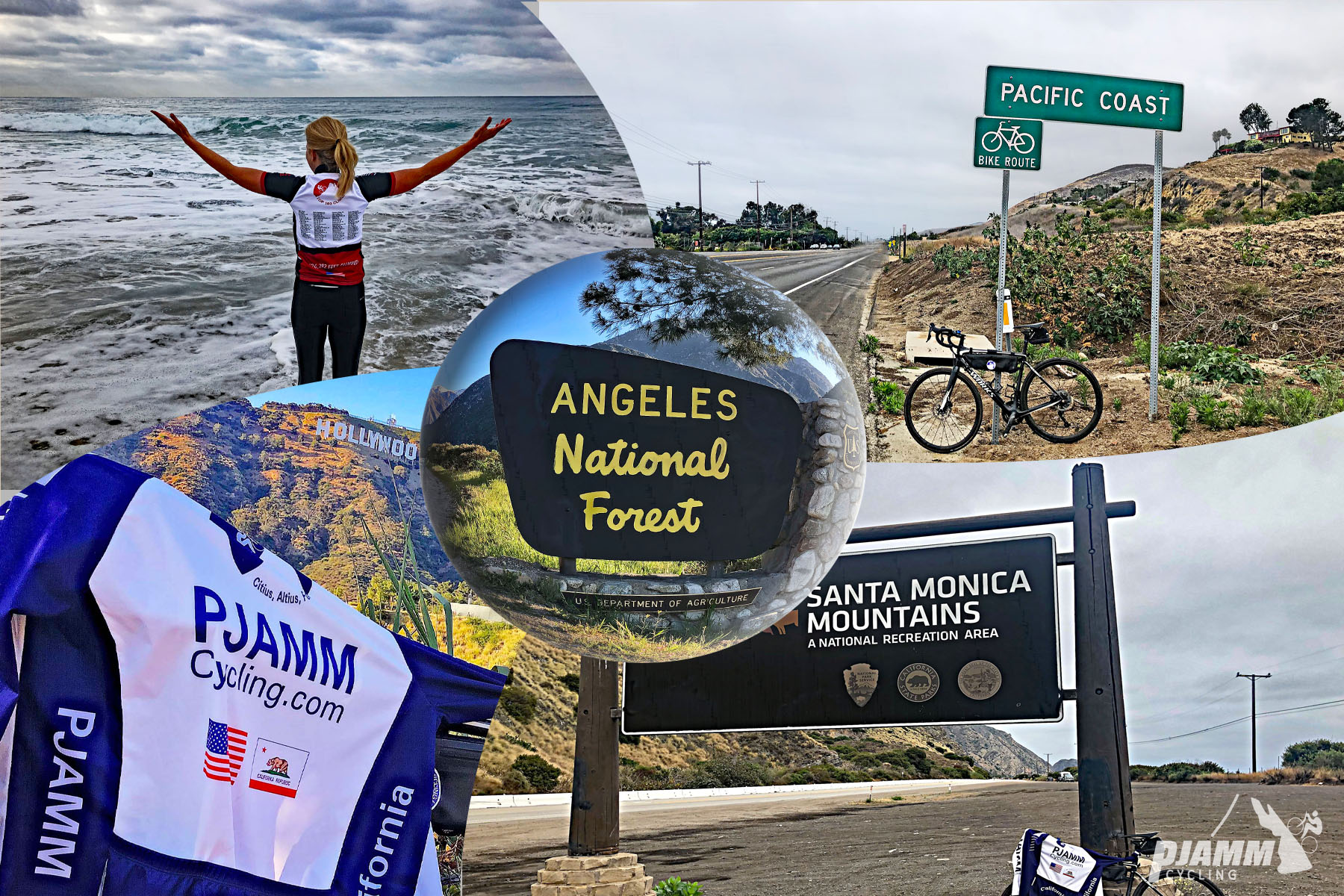 Cycling Southern California - signs for Angeles National Forest, Santa Monica Mountains, Pacific Coast