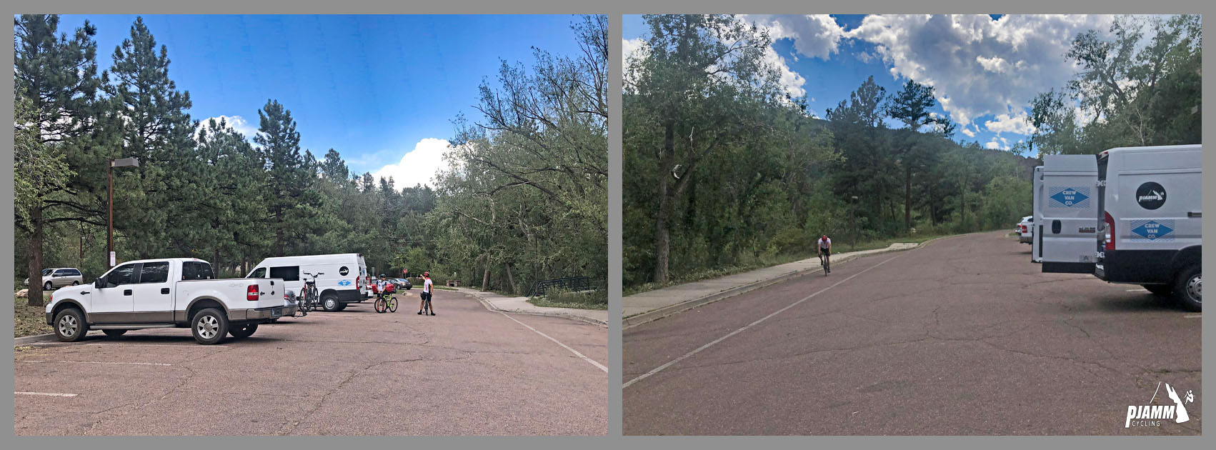 Cycling North Cheyenne Cañon, Colorado Springs - PJAMM Cycling's white SAG van in parking lot, cyclists leaving from van, PJAMM Cycling logo in corner
