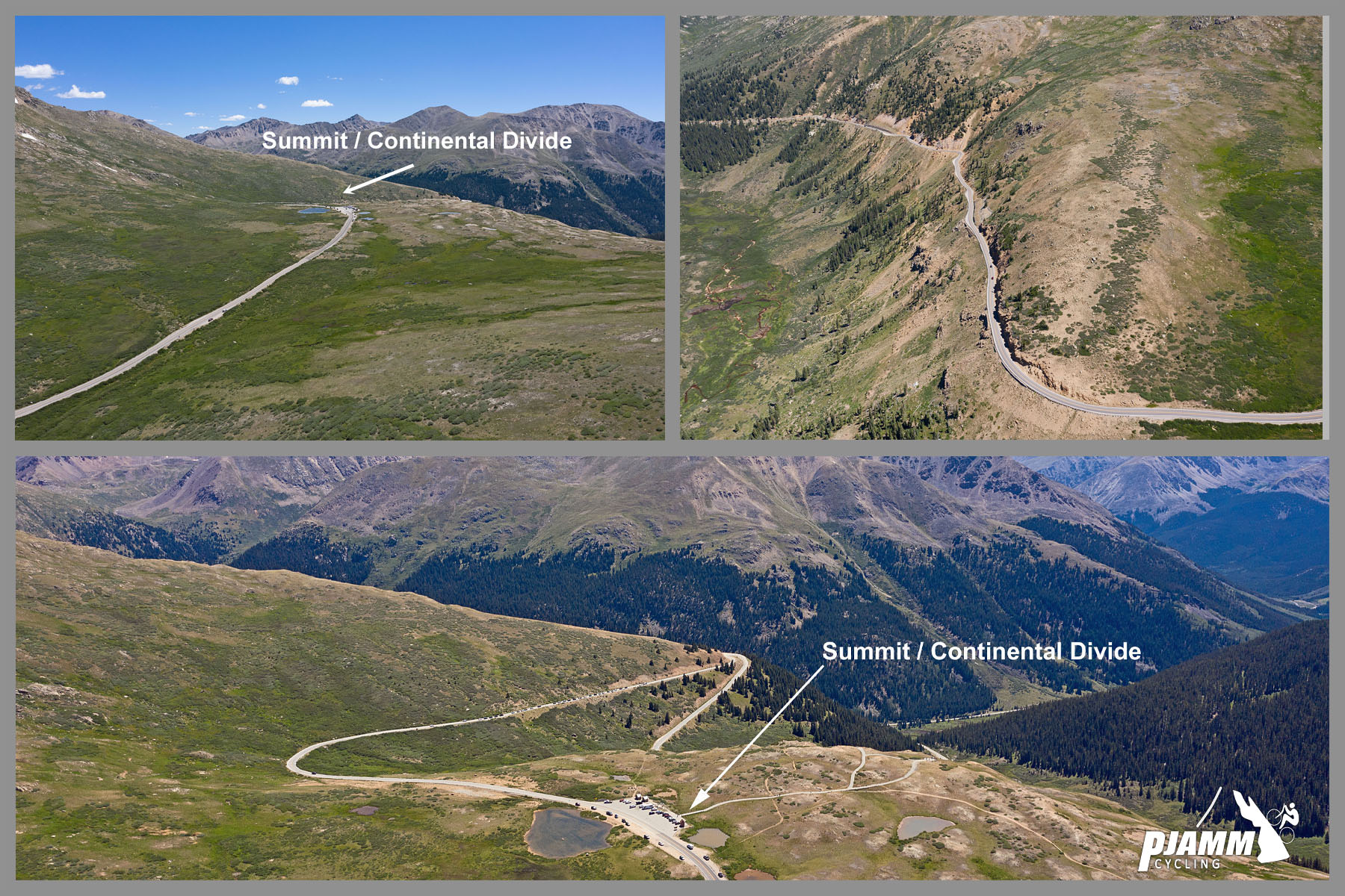 Cycling Independence Pass from Aspen, Colorado - photo collage, PJAMM Cycling logo in corner, aerial drone views of ride summit, Continental Divide, roadway leading up to summit