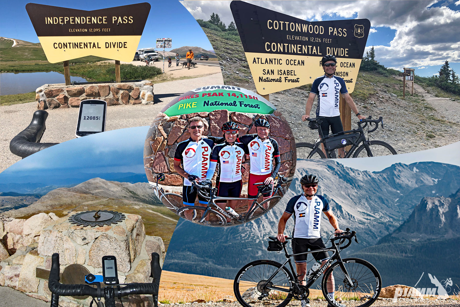 Colorado's Top 10 Most Epic Bike Climbs Colorado's Top 10 Most Epic Bike Climbs - photo collage, PJAMM Cycling logo in corner, sign for Independence Pass, Sign for Cottonwood Pass, Sign at Summit of Pike's Peak, Trail Ridge, and Mount Evans