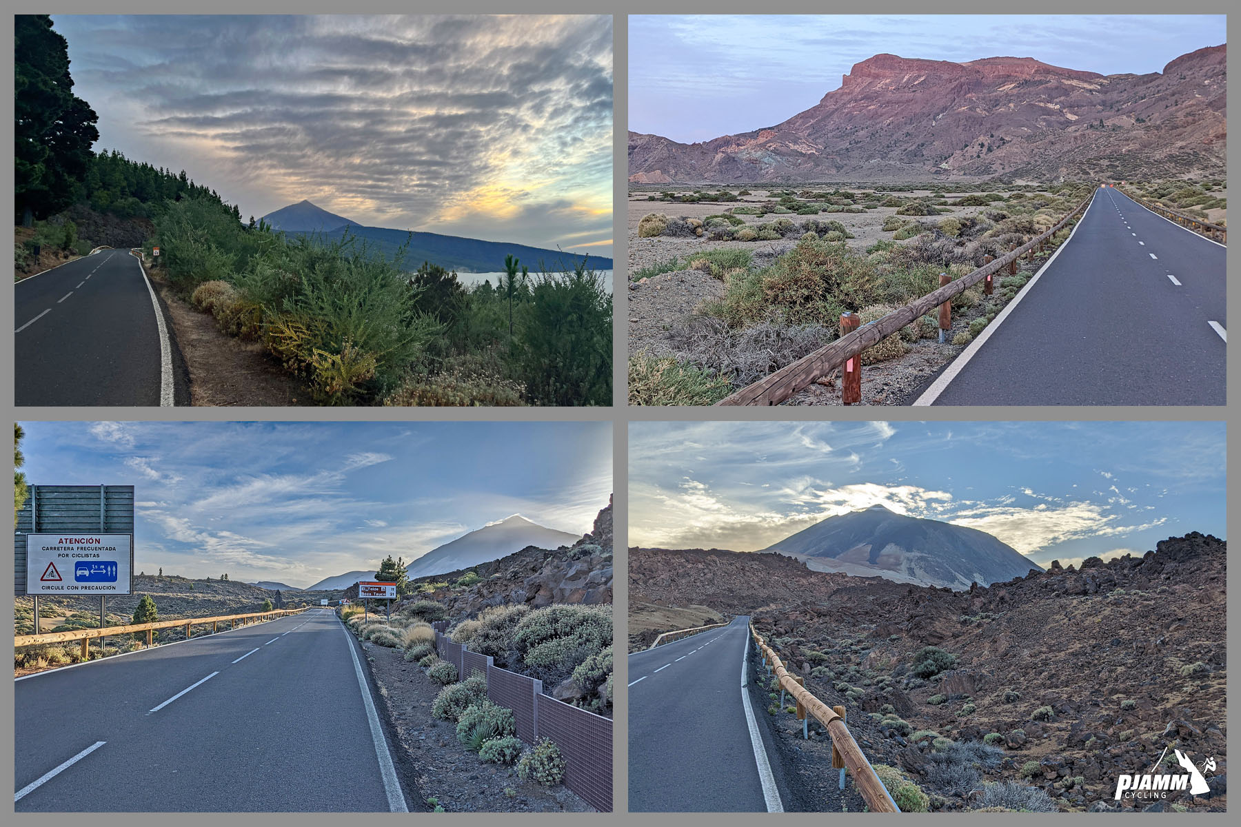 high desert landscape on well-paved, two-lane highway roadway, Mt. Teide in distance