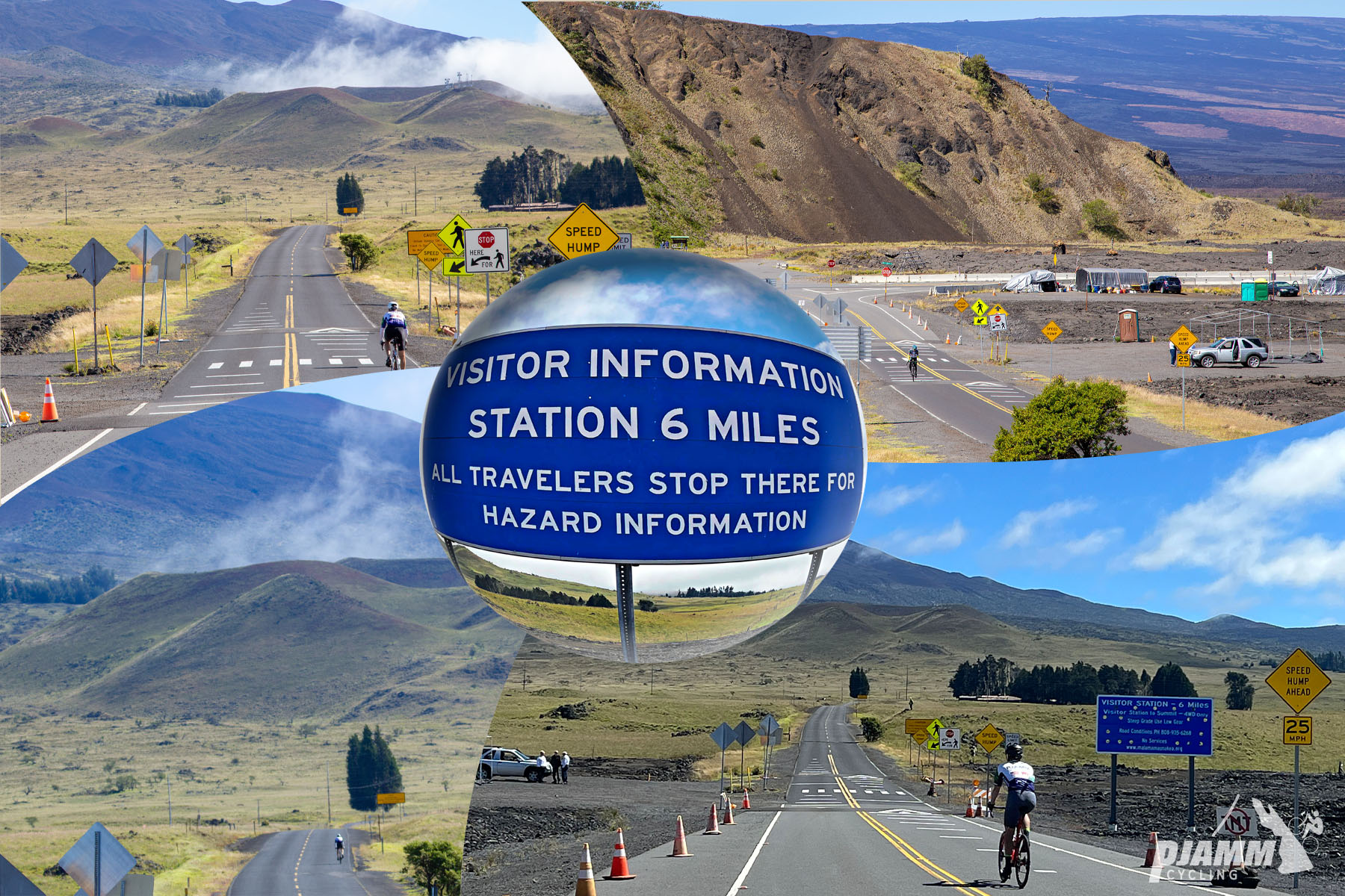 photo collage shows highlights of segment 2 of ride, including road sign for Visitor Station
