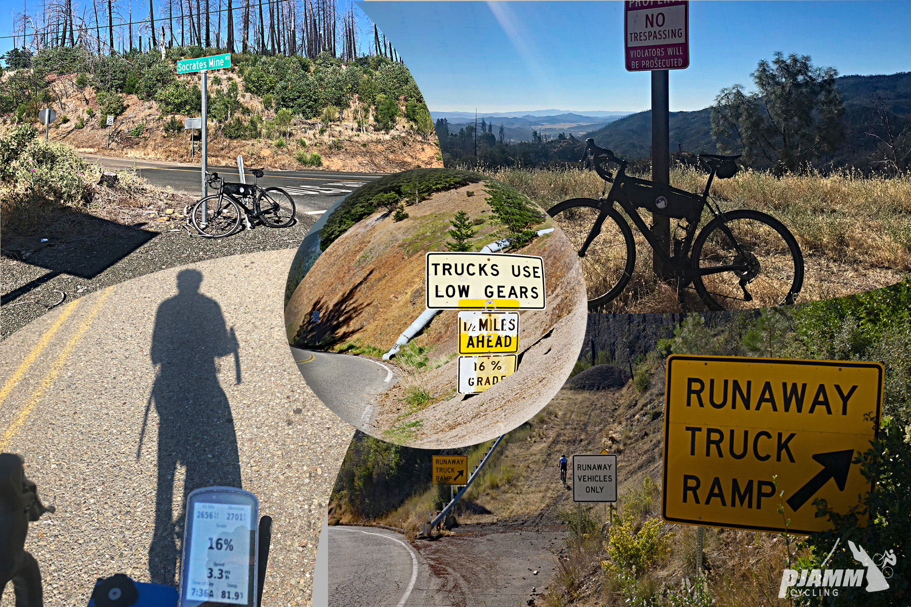 Cycling Socrates Mine Road, Lake County, California - photo collage, PJAMM Cycling logo in corner, bike parked against road sign for Socrates Mine Road, Garmin device with 16% gradient read, road signs reading "Trucks Use Low Gears," "Runaway Truck Ramp," bike parked against no trespassing sign