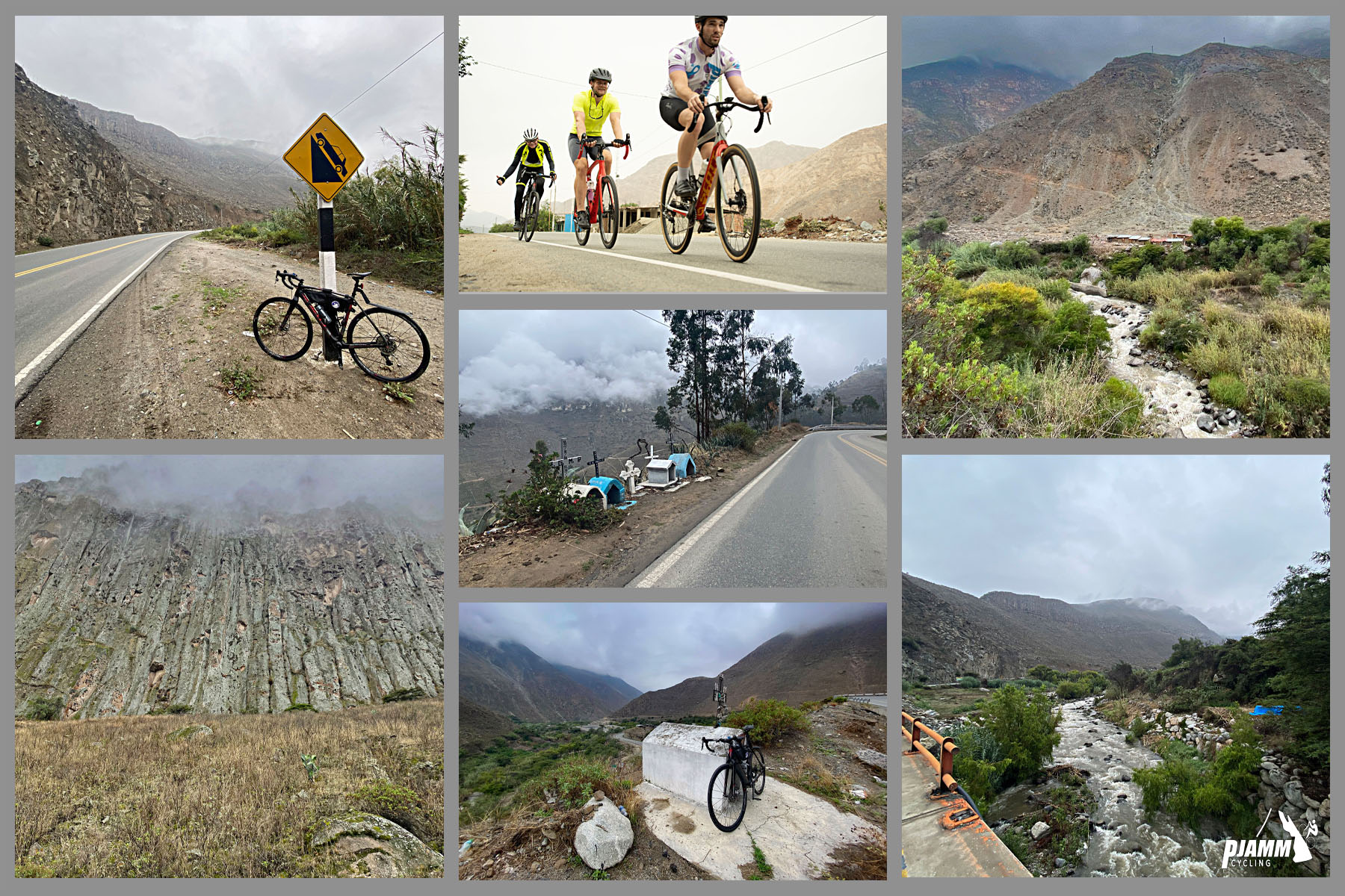Cycling Conococha, Peru - bike parked next to an exaggerated road sign warning of extremely steep grades