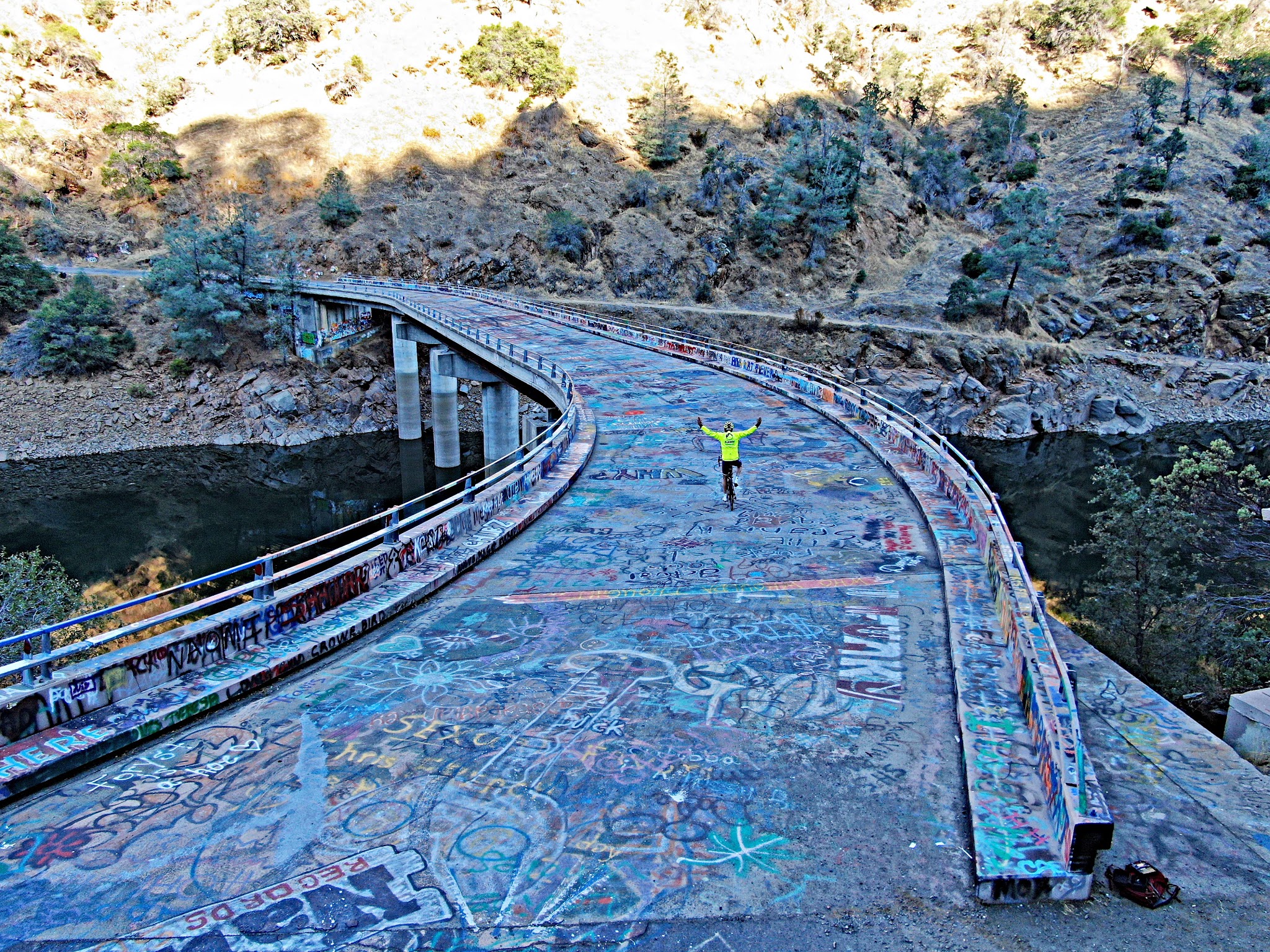 road covered in bright graffiti at Wards Ferry, Yosemite, California