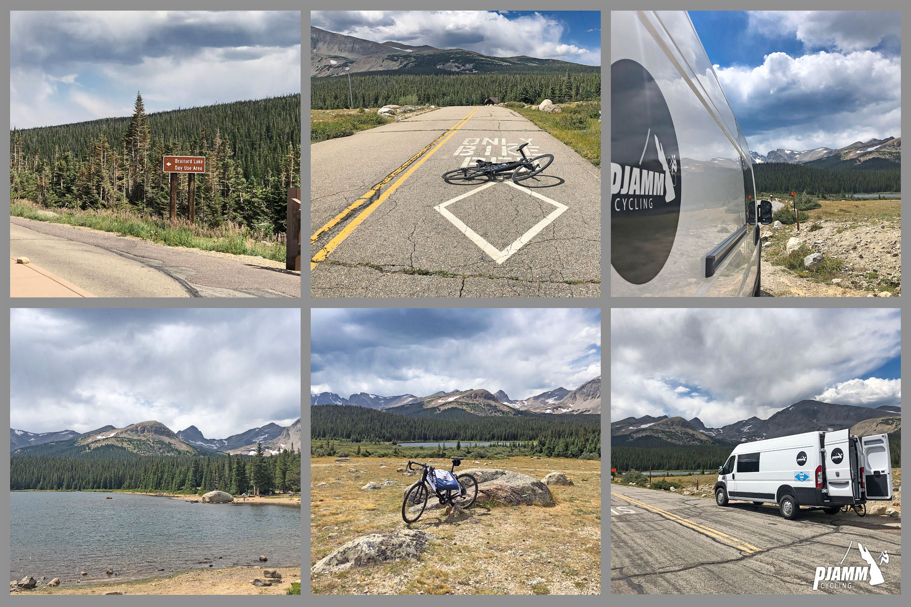 Cycling Left Hand Canyon, Boulder, Colorado - photo collage, PJAMM Cycling logo in corner, bike parked in center of roadway in front of road paint reading "ONLY BIKE", views of PJAMM Cycling white SAG van, bike parked in center of grassy valley next to rock formation, views of Brainard Lake