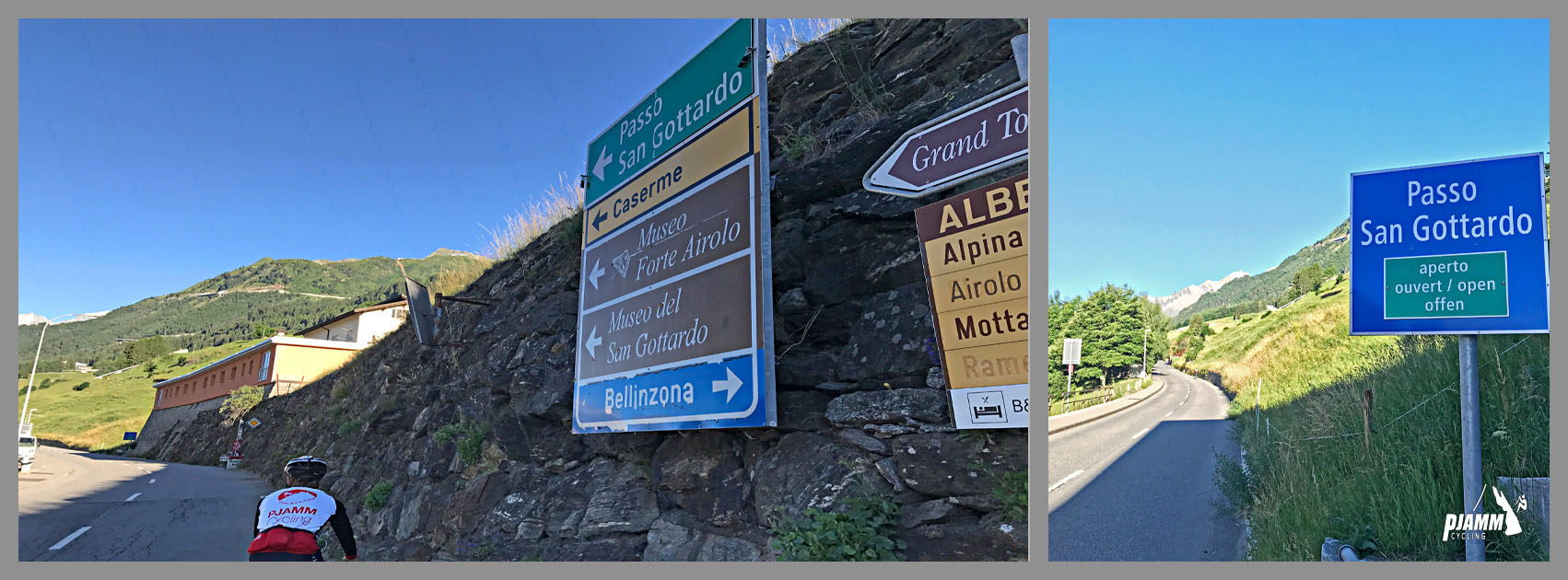 Cycling Gotthard Pass (St. Gotthard Pass), Switzerland - PJAMM Cyclist rides on two-lane roadway near road signs for San Gottardo, Caserme, and more
