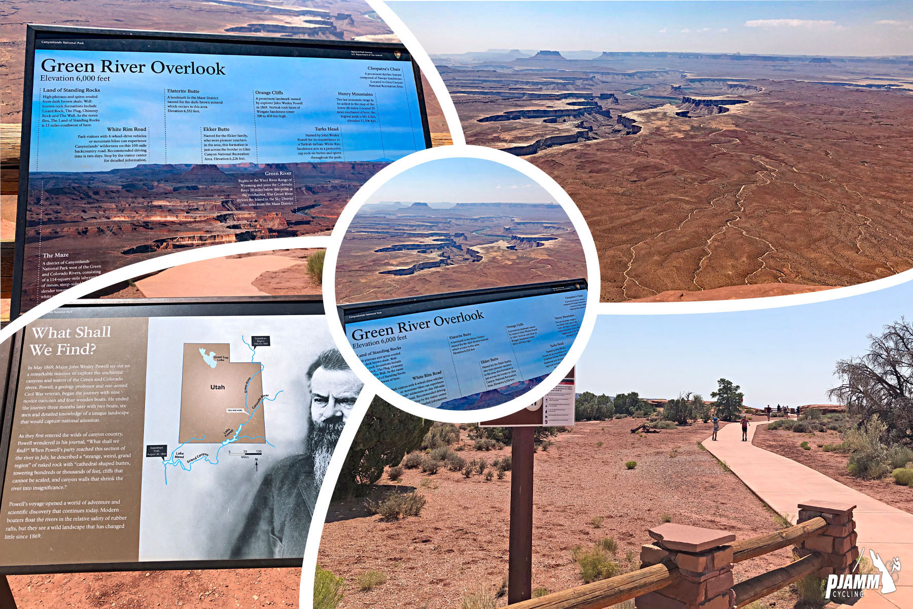Cycling Canyonlands National Park Cycling Canyonlands National Park - photo collage, PJAMM Cycling logo in corner, views and informational signs at Green River Overlook