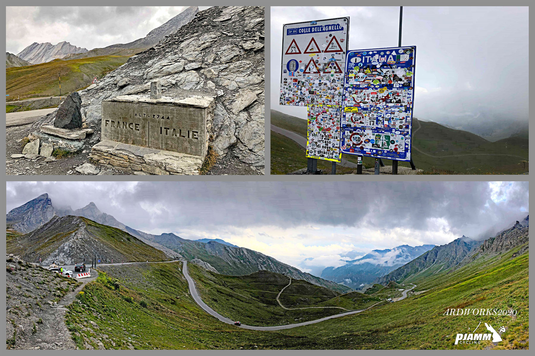 Cycling Colle dell’Agnello, France and Italy - photo collage, sticker covered road signs at mountain summit, stone sign at border of France and Italy, long roadway snaking its way through mountainsides, PJAMM Cycling logo in corner