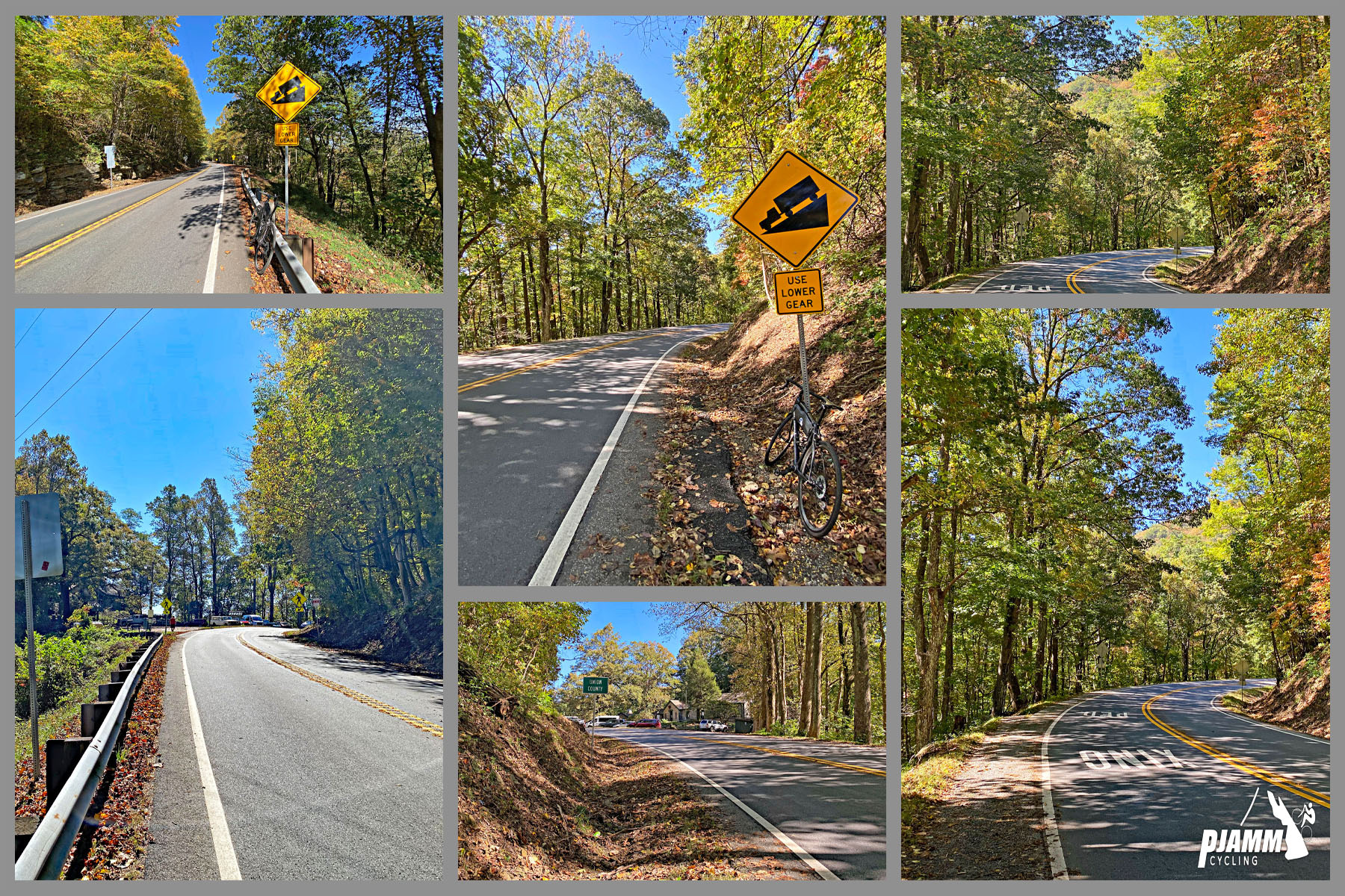 Cycling Neel Gap South, Georgia - photo collage, bike parked next to road sign for steep grade, two-lane highway road, dense foliage, PJAMM Cycling logo in corner