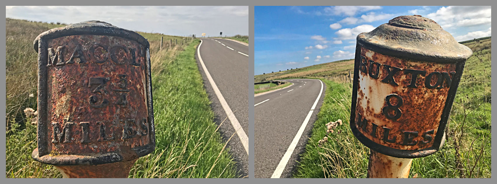 Cycling Cat & Fiddle, England - rusted posts along roadway in green pastureland