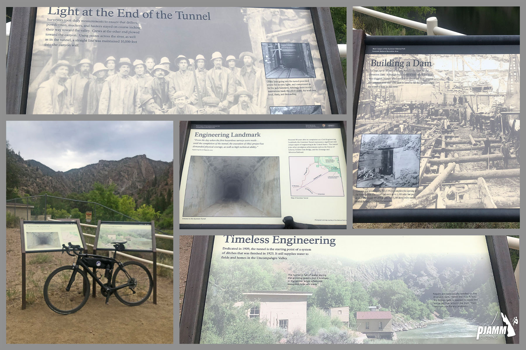 Cycling East Portal, Colorado - informational signs, photo collage, PJAMM Cycling logo in corner