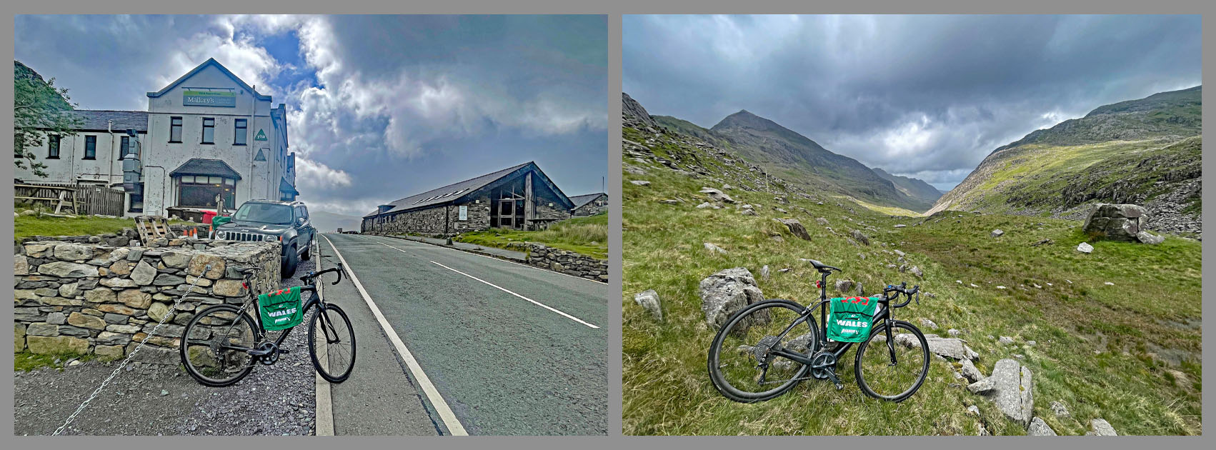 bike parked against low stone wall in town and parked against rocks in grassy hillside