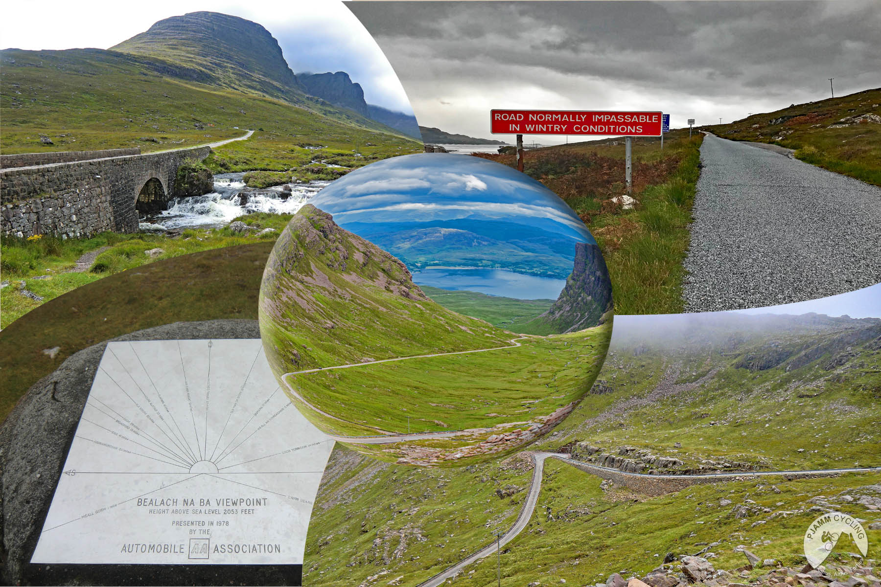 photo collage includes views of green pastureland, old stone bridge crossing river, sign reads "Road Normally Impassable in Wintry Conditions"