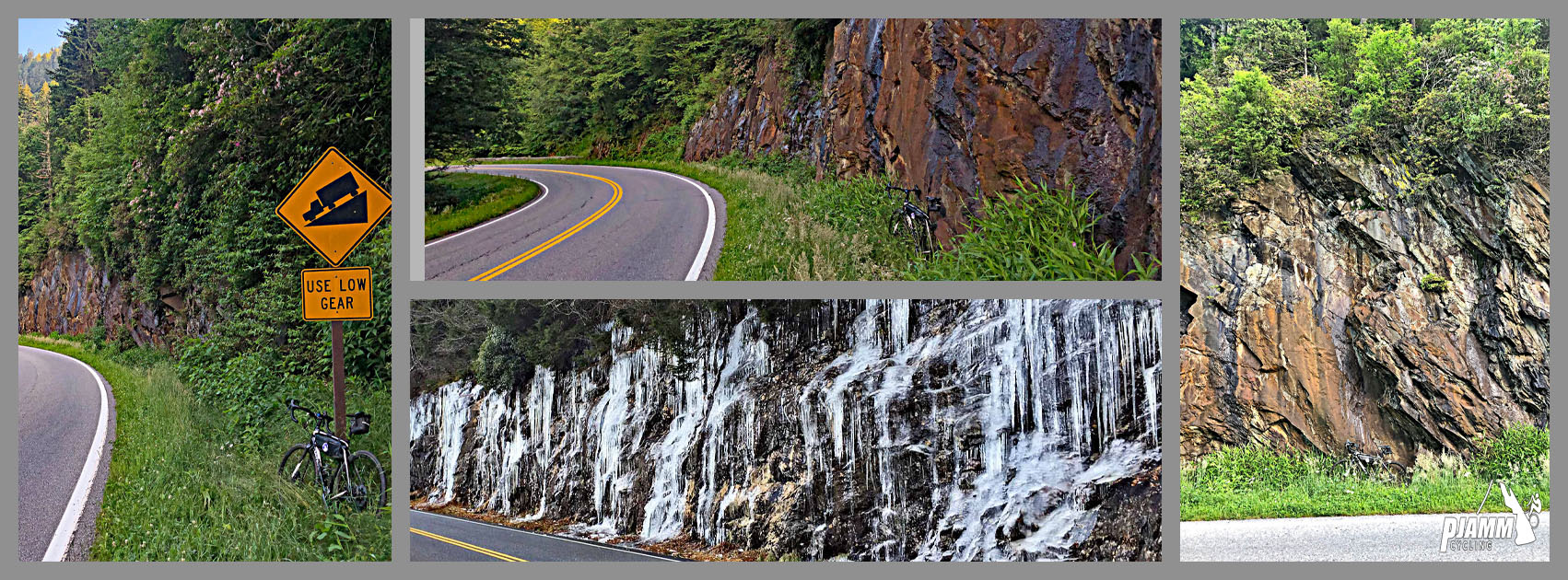 Cycling Clingmans Dome, Tennessee - photo collage, sign warning to use low gear, curve in road near stone retaining wall, stone wall covered in ice, PJAMM Cycling logo in corner