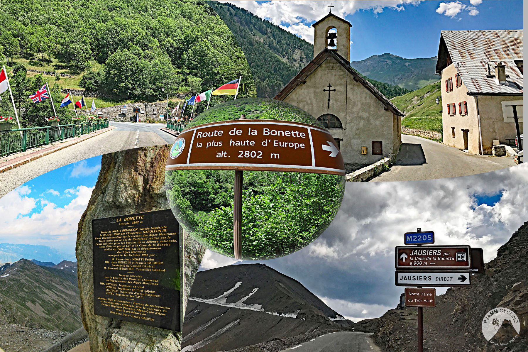 photo collage shows small old mission style church, signs along climb including one for Jausiers and one for Route de la Bonette, flags for different countries line roadside