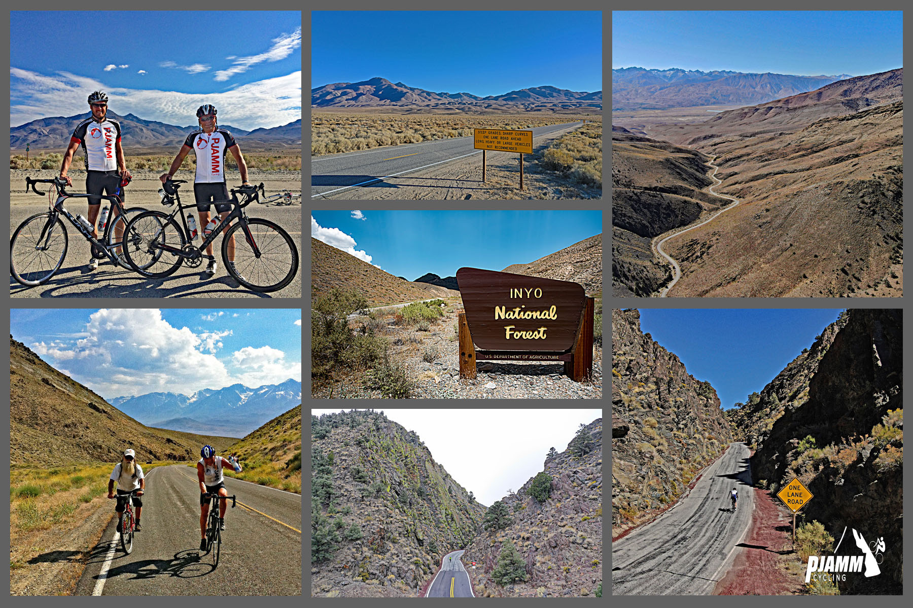Cycling White Mountain, California - photo collage, PJAMM Cycling logo in corner, two PJAMM Cyclists stand with bikes on roadway, sign for Inyo National forest, aerial view of roadway in valley between two hillsides