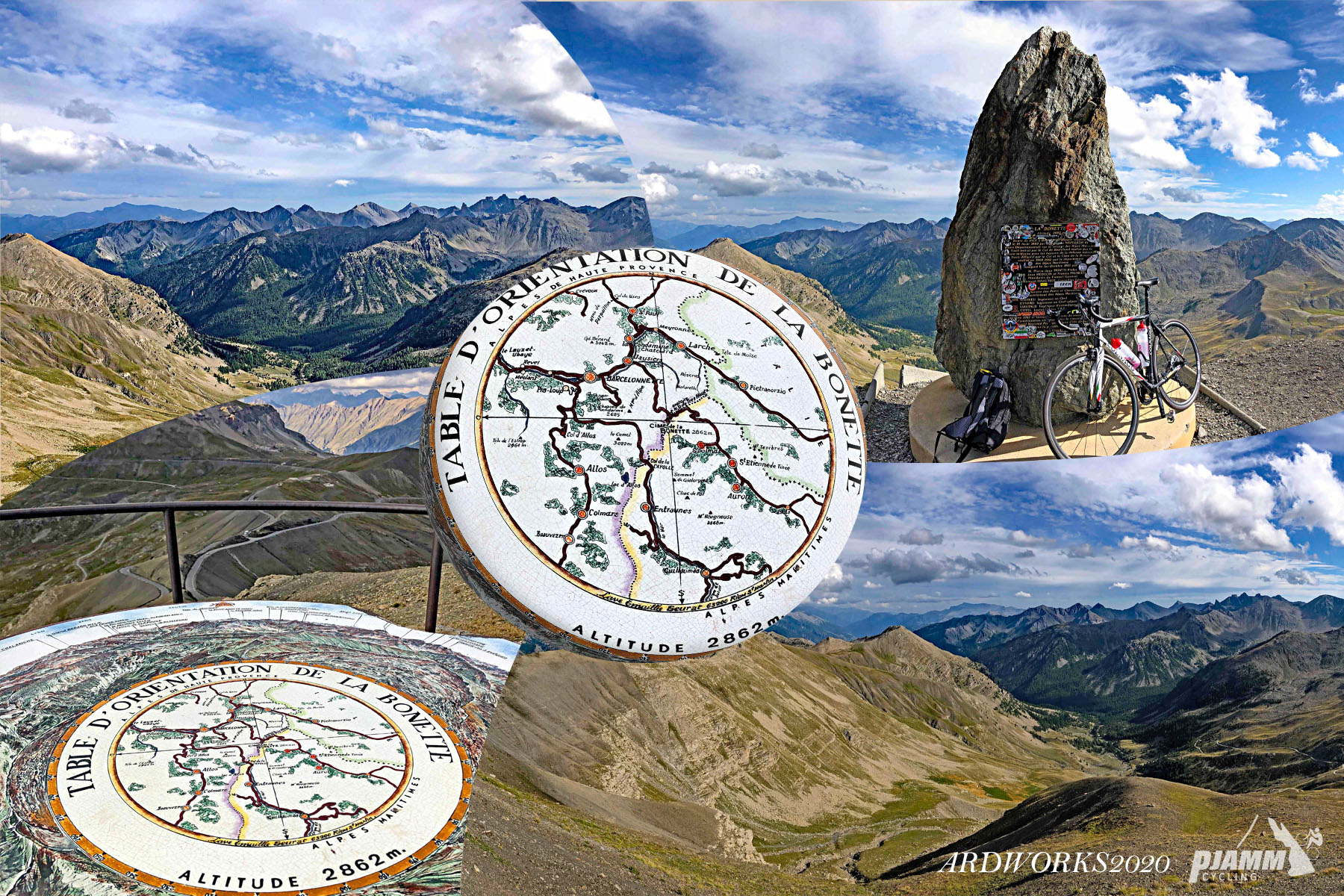 Cycling Cime Bonette from Jausiers, France - altitude marker, large stone monument atop mountainside, Cime Bonette
