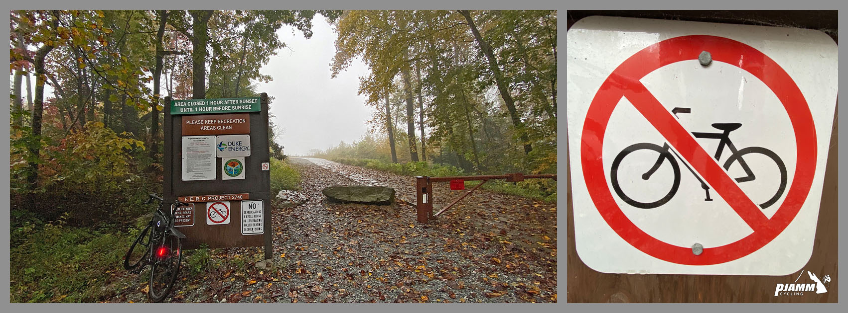 Cycling Sassafras Mountain, South Carolina - bike parked next to closed gate with sign for "No Bikes", informational signage 