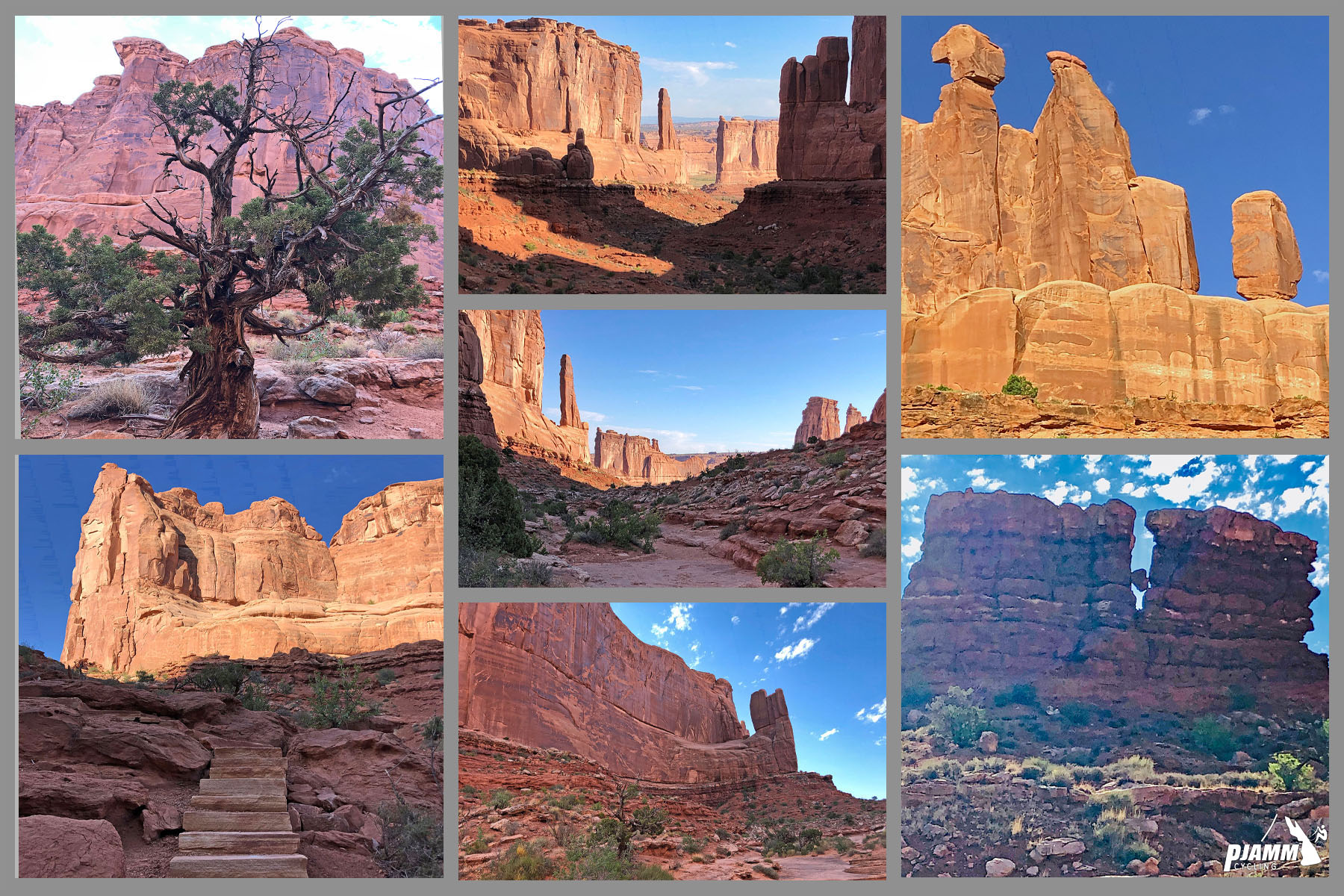 Cycling Arches National Park, Utah - photo collage, PJAMM Cycling logo in corner, various rock formations at Arches National Park