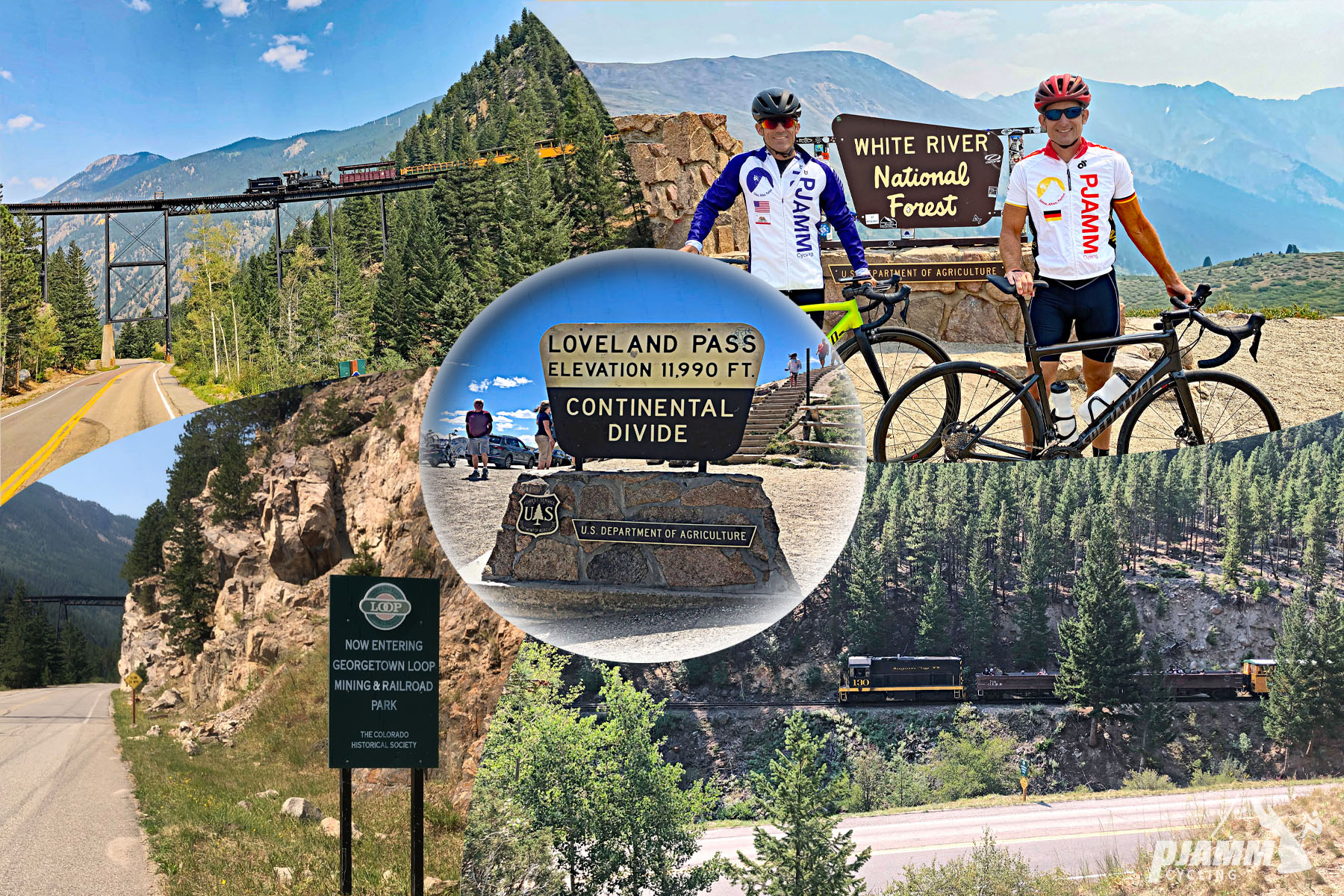 Cycling Loveland Pass from Georgetown - photo collage, PJAMM Cycling logo in corner, train bridge over two-lane roadway in mountainous terrain, two cyclists wearing PJAMM Cycling jerseys standing with bikes in front of White River National Forest sign, sign for Loveland Pass, Continental Divide