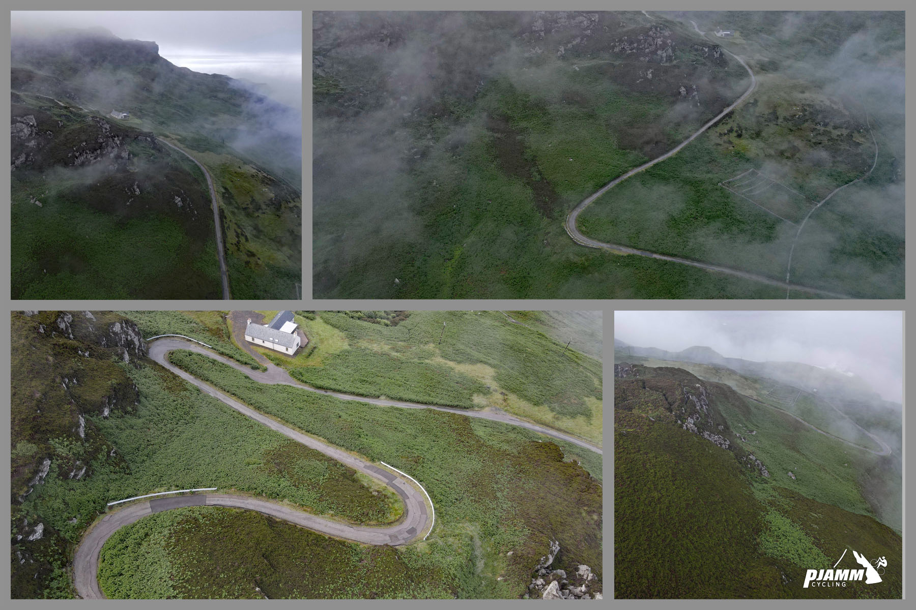 photo collage show three hairpin turns at the start of the climb; as seen from drone