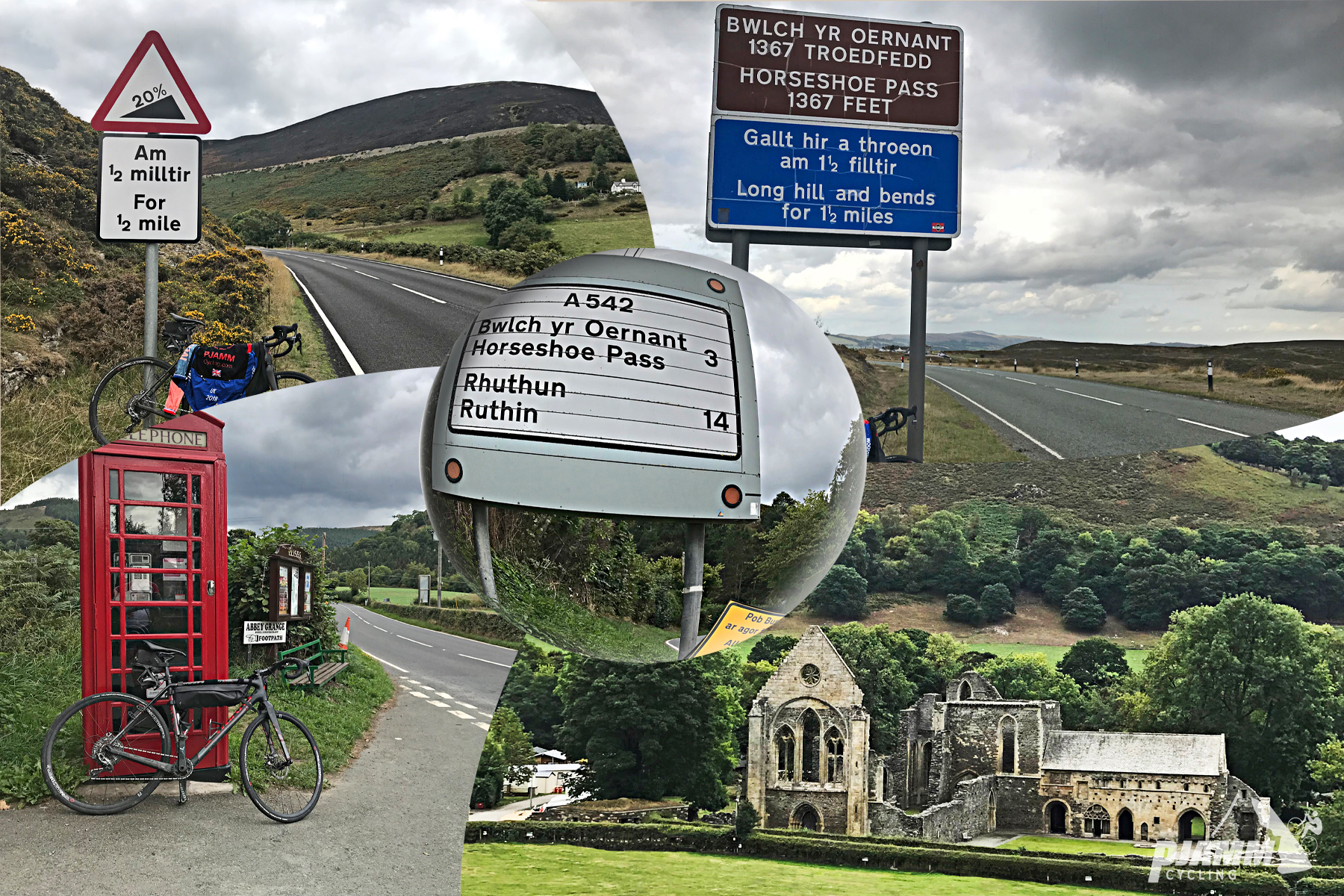 Climbing Horseshoe Pass by Bike - photo collage, road sign for 20% Grade, road sign for Bwlch Yr Oernant/Horseshoe Pass, ancient abbey ruins within green pasture at base of hillside, bike leaning against red phone booth on side of road