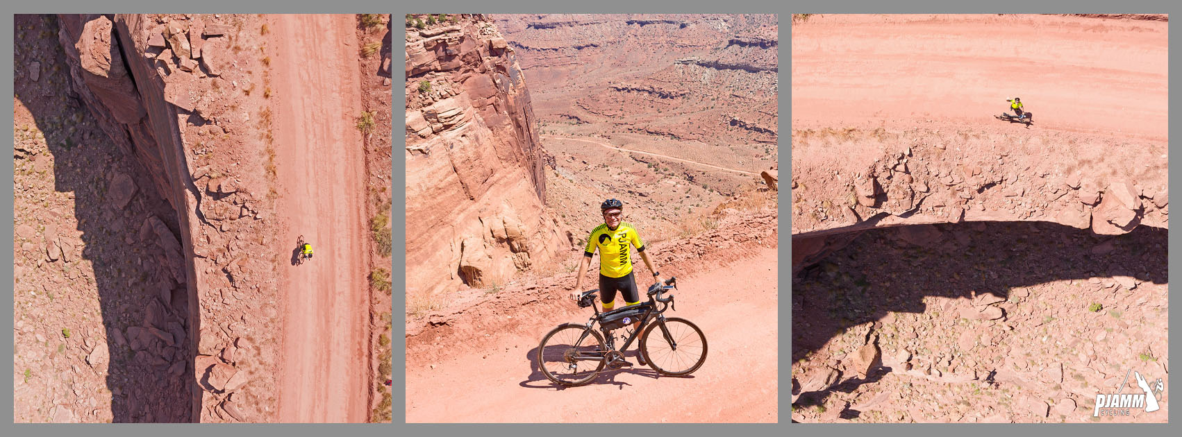Cycling Shafer Trail, Canyonlands National Park - photo collage, PJAMM Cycling logo in corner, aerial drone views of cyclist on narrow red dirt roadway along canyon's edge, cyclist John Johnson in yellow PJAMM Cycling jersey standing along roadway near canyonside with bike